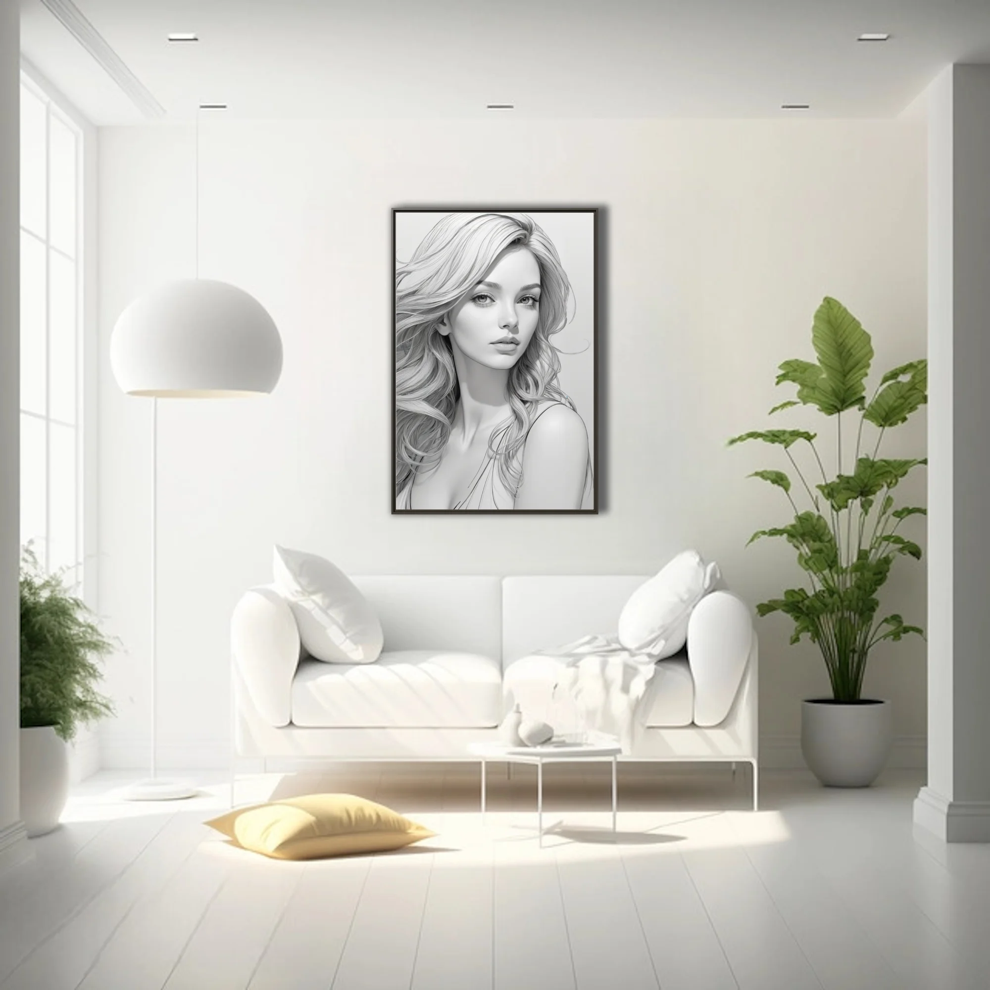 Pencil-sketch-style grayscale portrait of a woman with flowing wavy hair