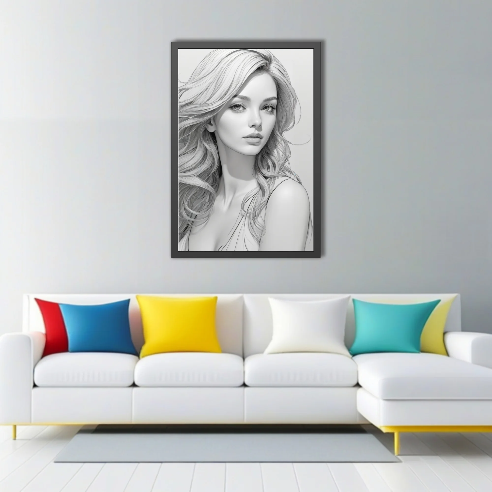 Pencil-sketch-style grayscale portrait of a woman with flowing wavy hair