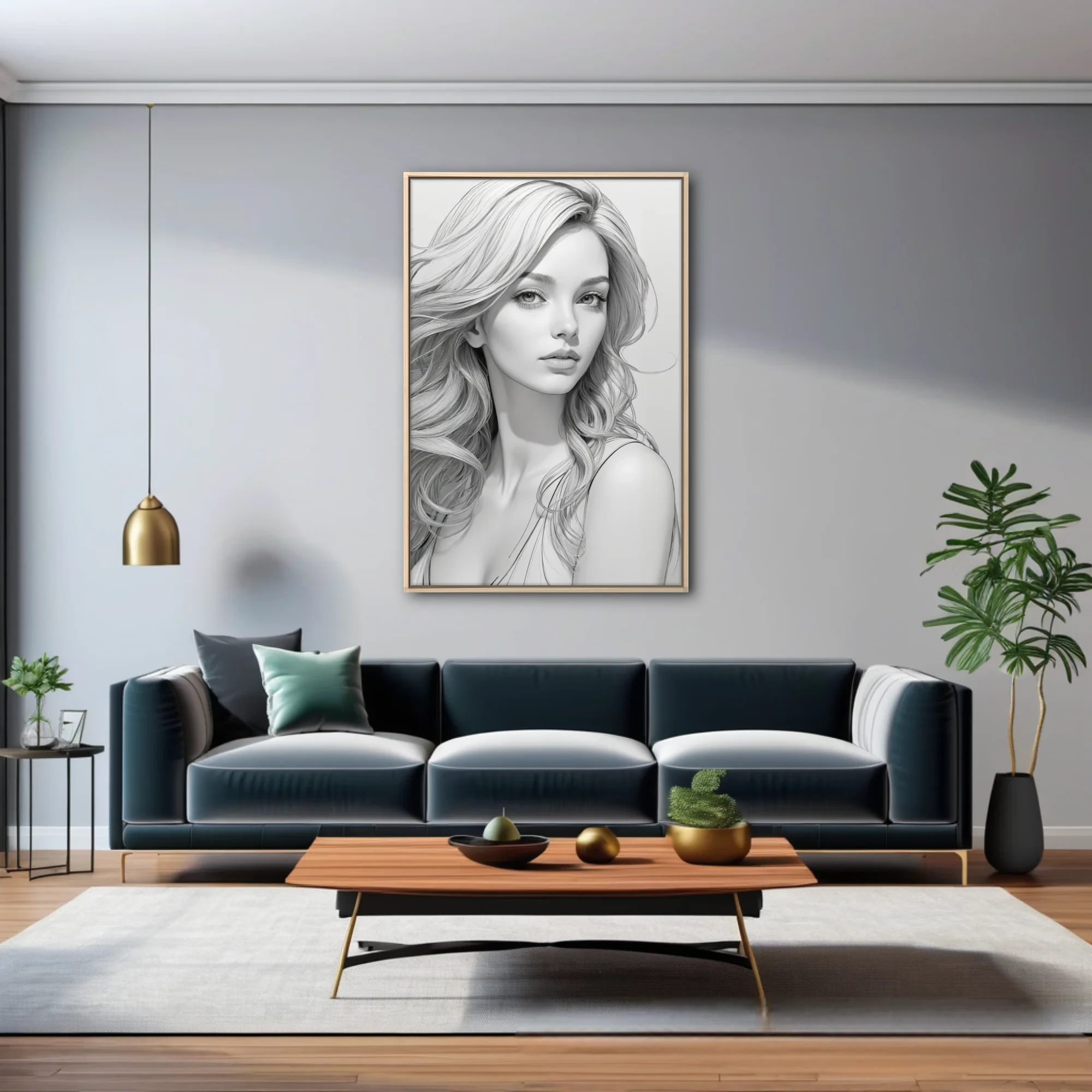 Pencil-sketch-style grayscale portrait of a woman with flowing wavy hair