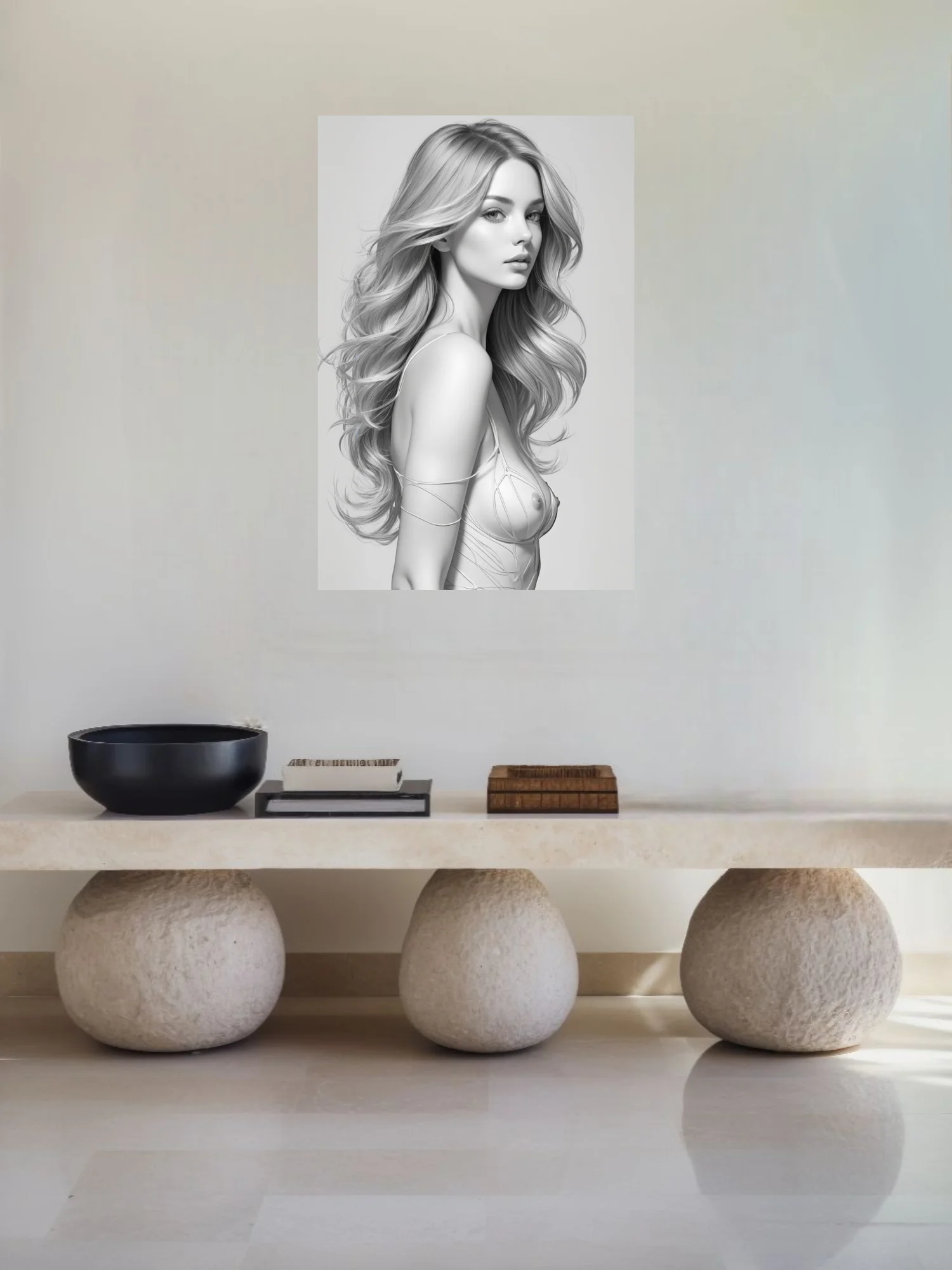 Black-and-white pencil-style female figure study with flowing hair