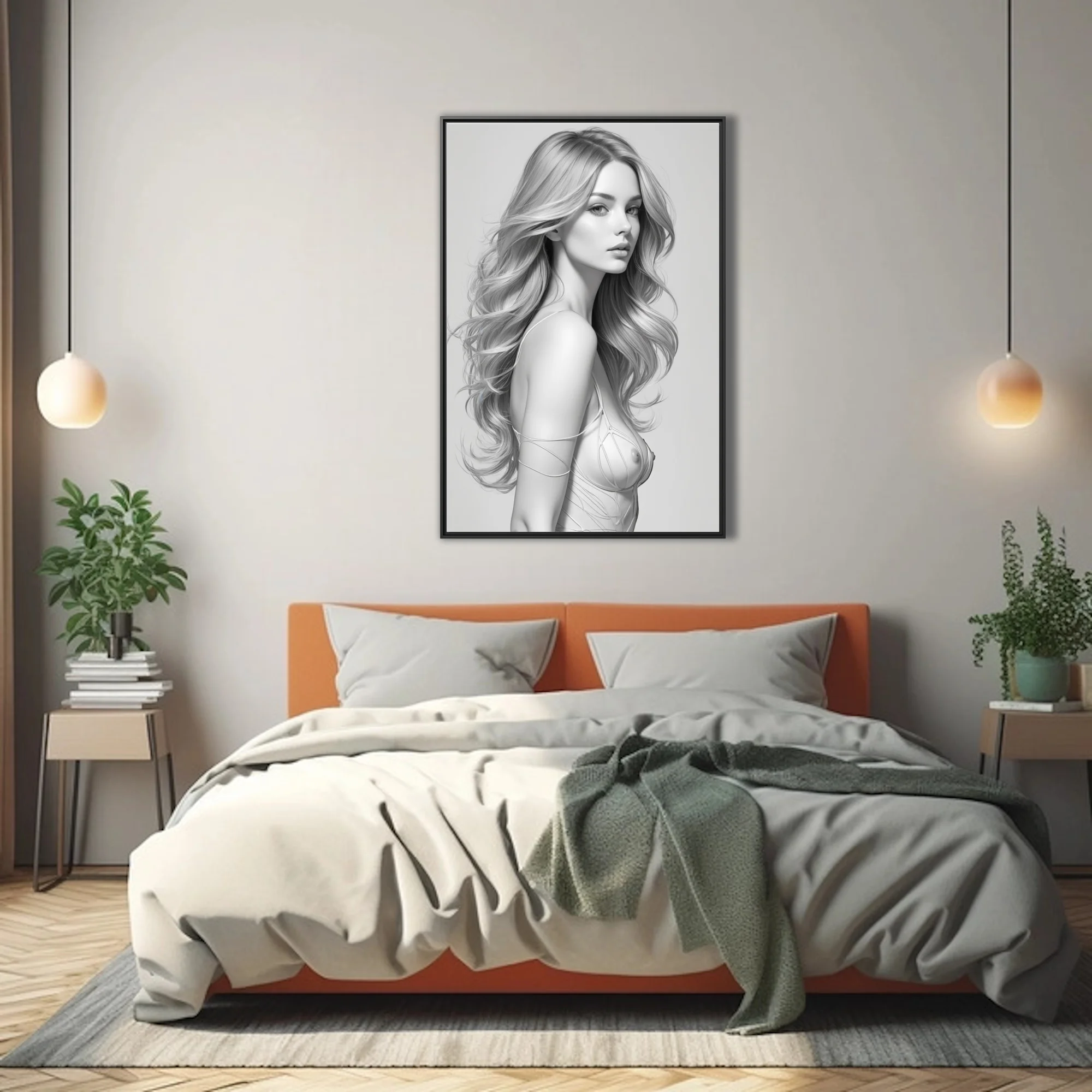 Black-and-white pencil-style female figure study with flowing hair