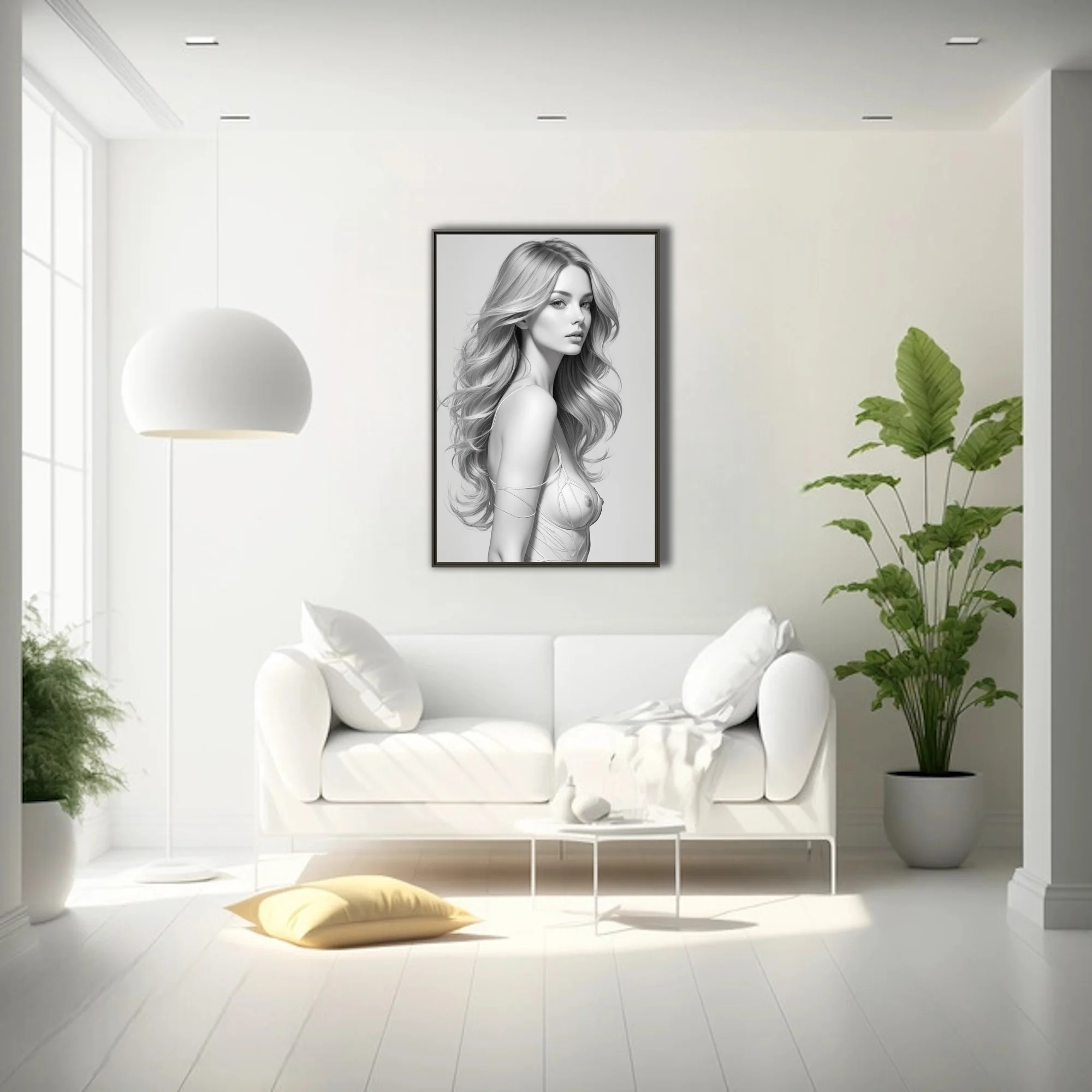 Black-and-white pencil-style female figure study with flowing hair