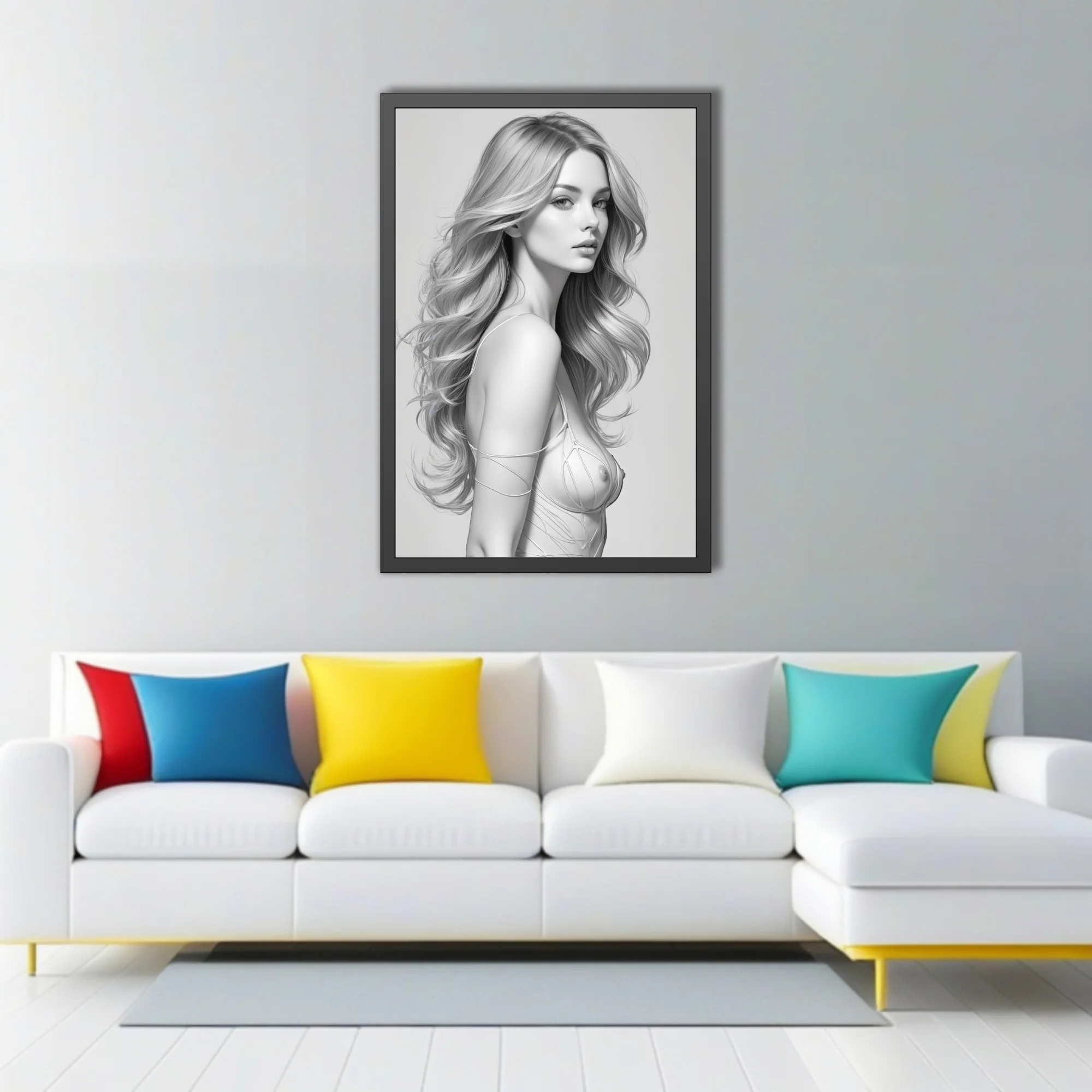 Black-and-white pencil-style female figure study with flowing hair