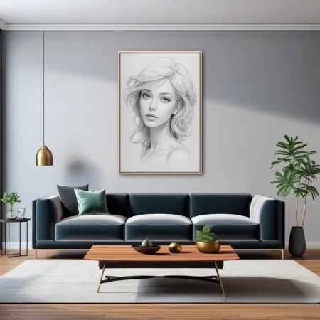 Pencil-style portrait of a woman with flowing hair, soft graphite tones, ethereal mood