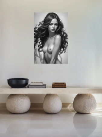 Monochrome figure study, graphite-style nude portrait with flowing dark hair
