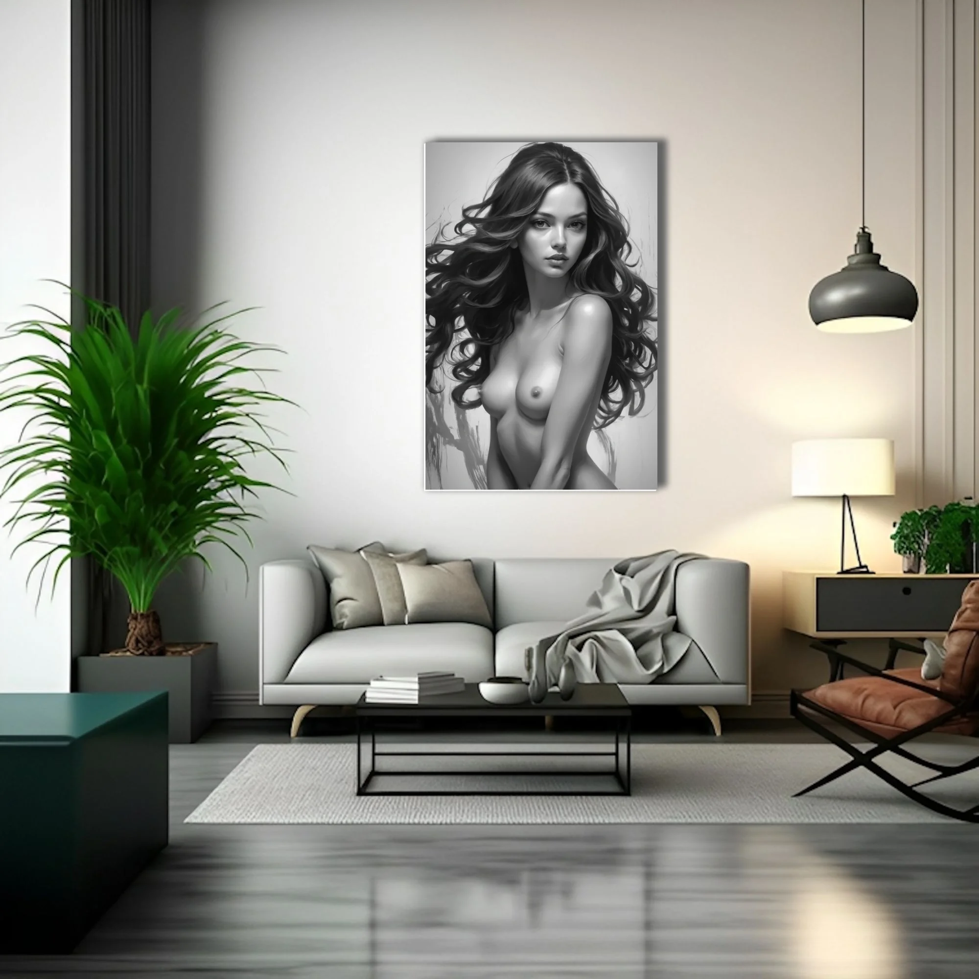 Monochrome figure study, graphite-style nude portrait with flowing dark hair