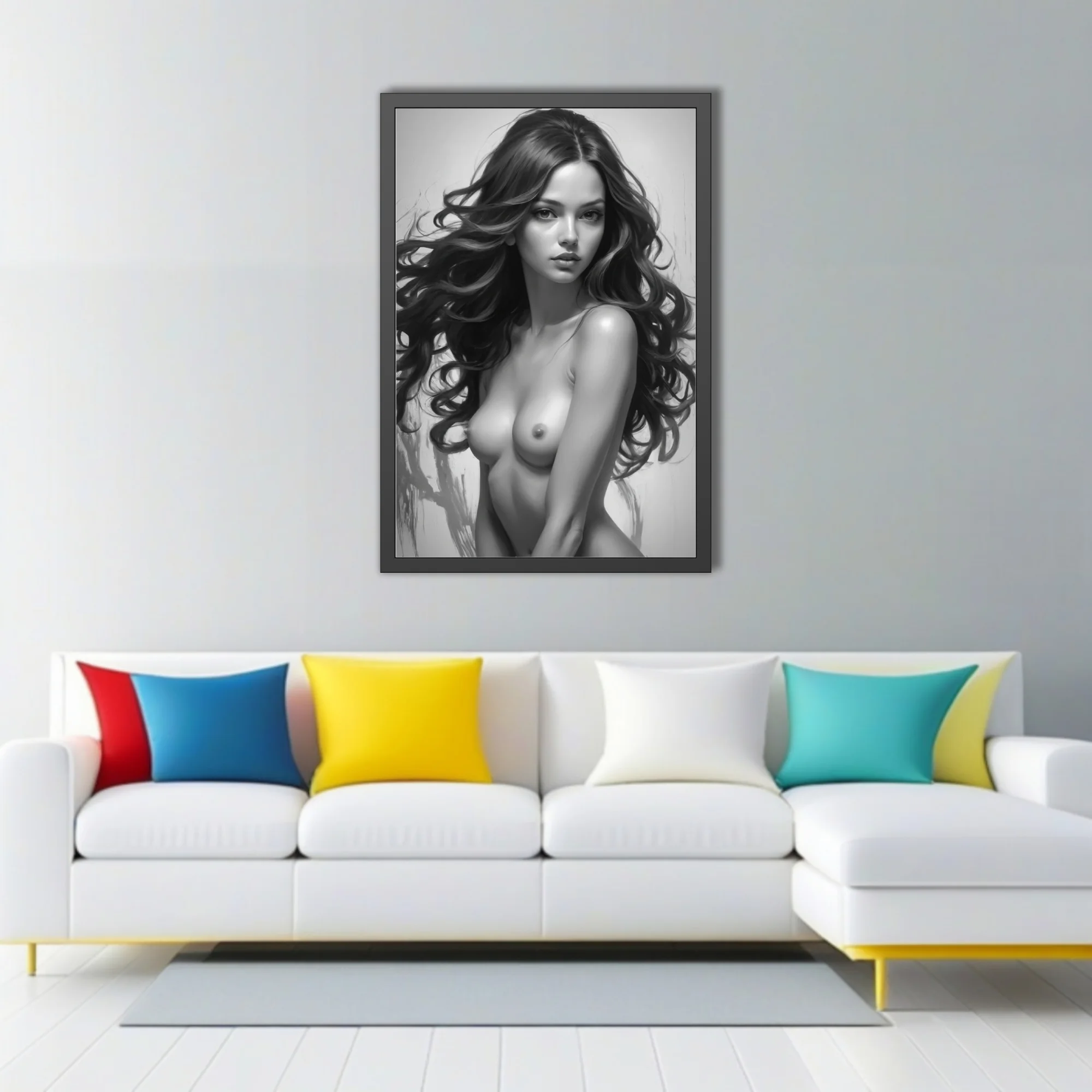 Monochrome figure study, graphite-style nude portrait with flowing dark hair