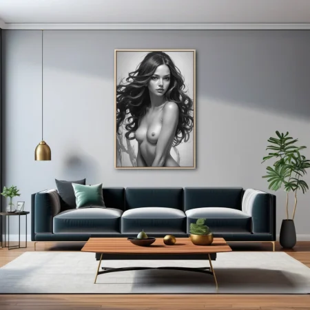 Monochrome figure study, graphite-style nude portrait with flowing dark hair