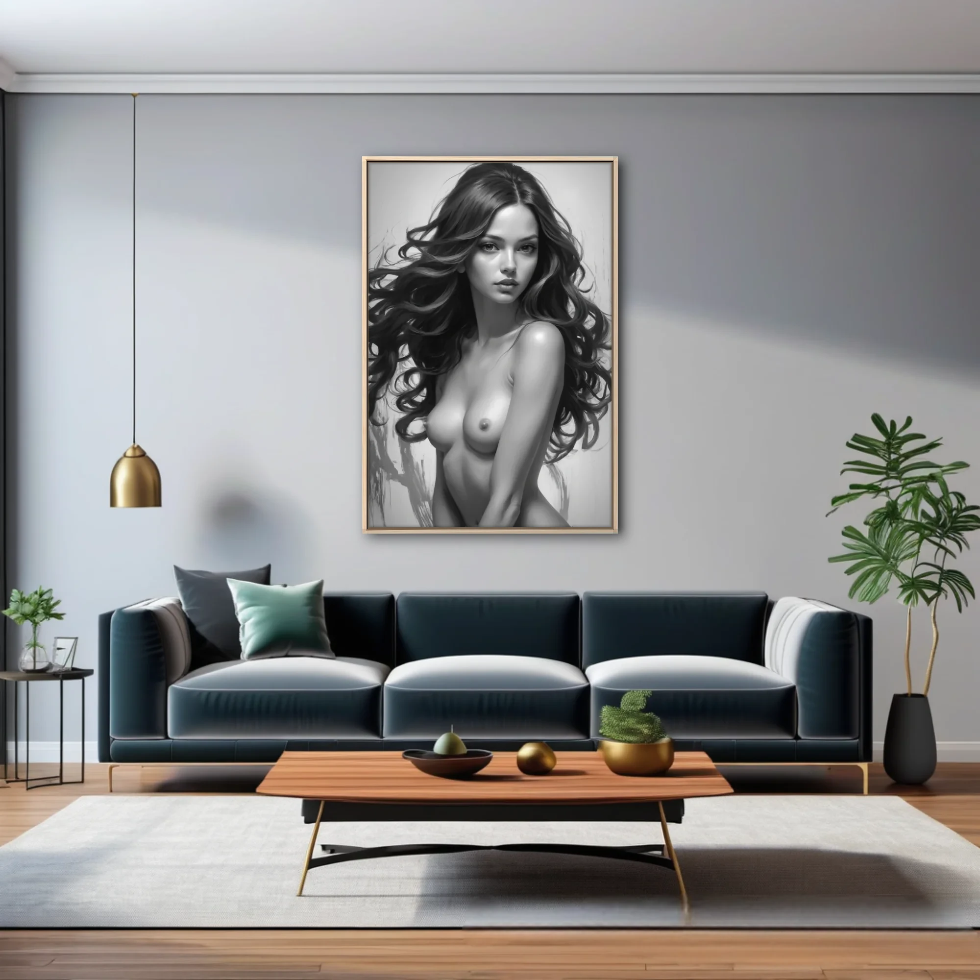 Monochrome figure study, graphite-style nude portrait with flowing dark hair