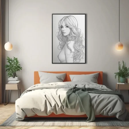 Pencil-style portrait of a woman with long wavy hair, detailed graphite linework