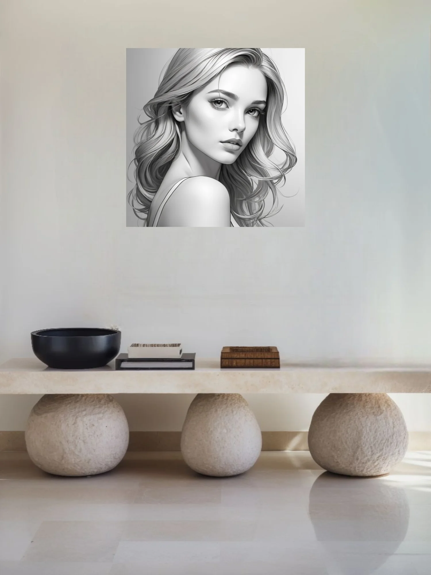 Realistic pencil-sketch-style portrait of a woman with long wavy hair, grayscale