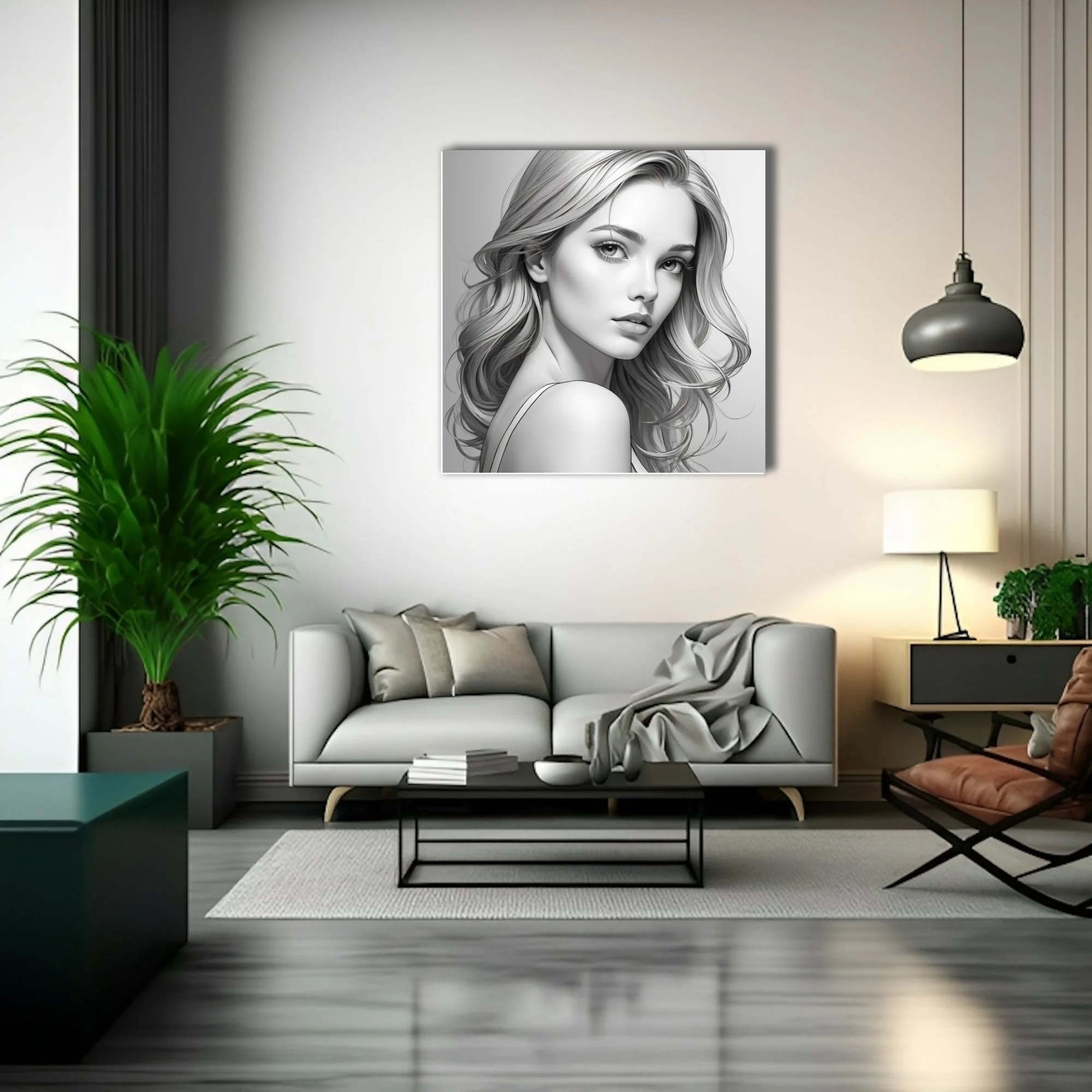 Realistic pencil-sketch-style portrait of a woman with long wavy hair, grayscale