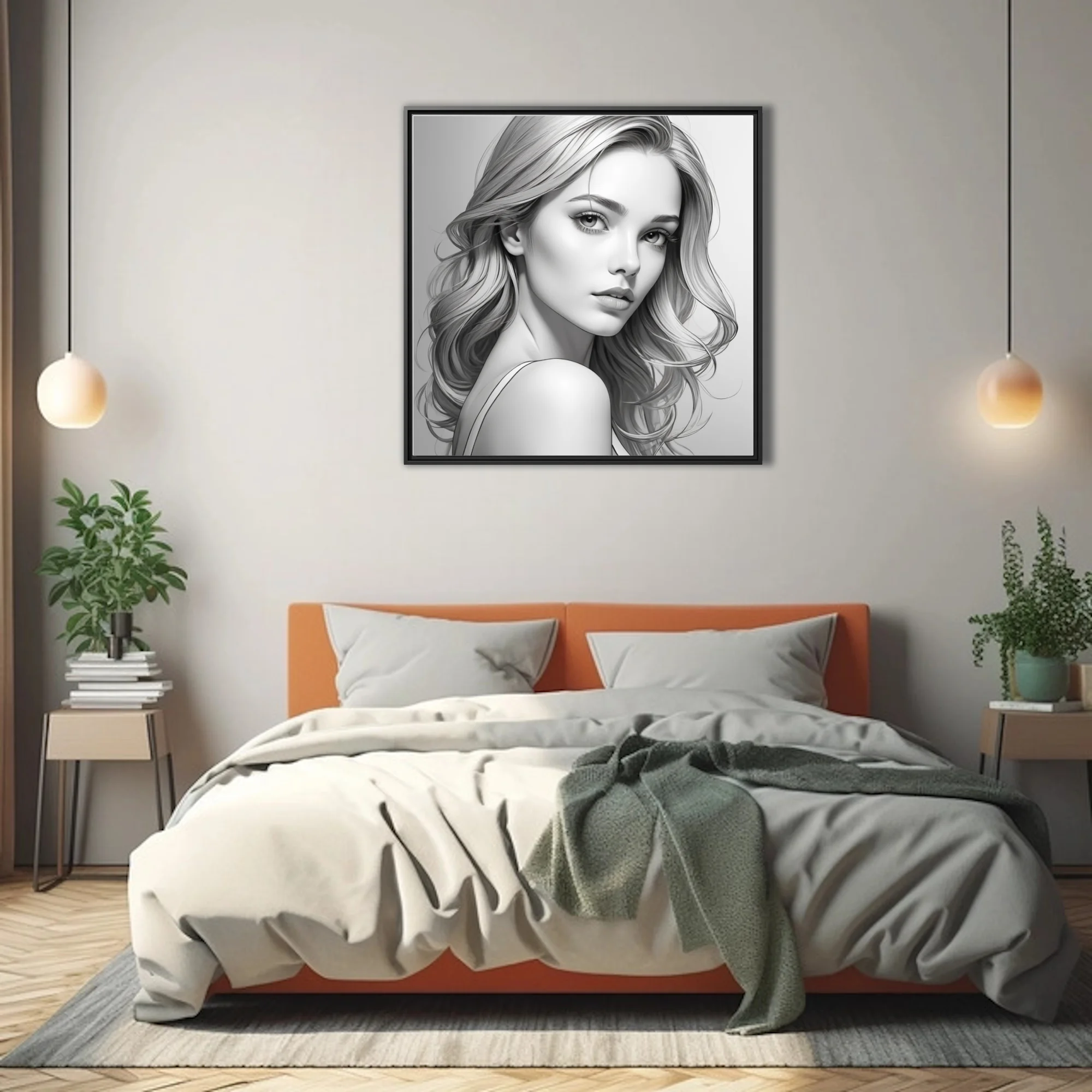 Realistic pencil-sketch-style portrait of a woman with long wavy hair, grayscale