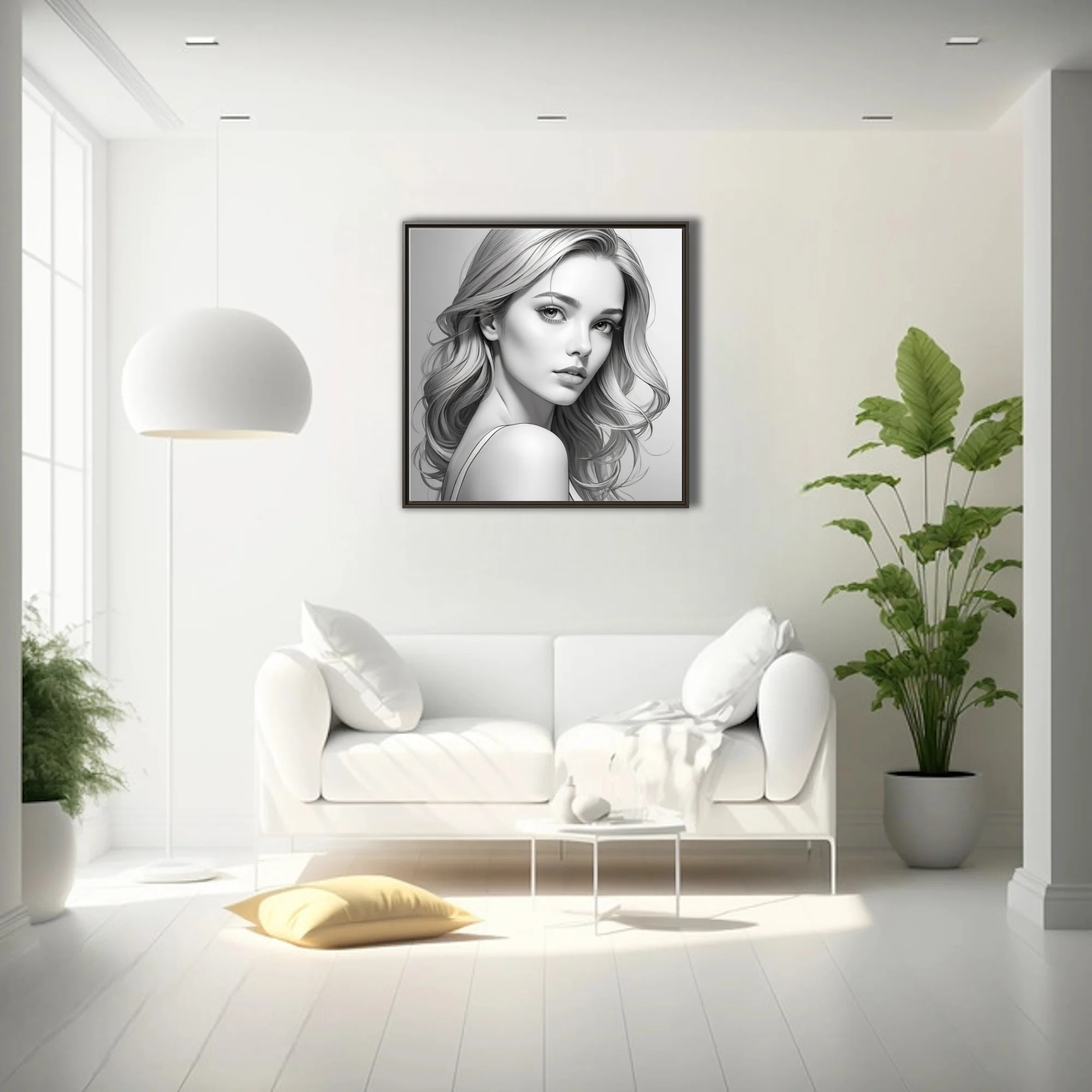 Realistic pencil-sketch-style portrait of a woman with long wavy hair, grayscale