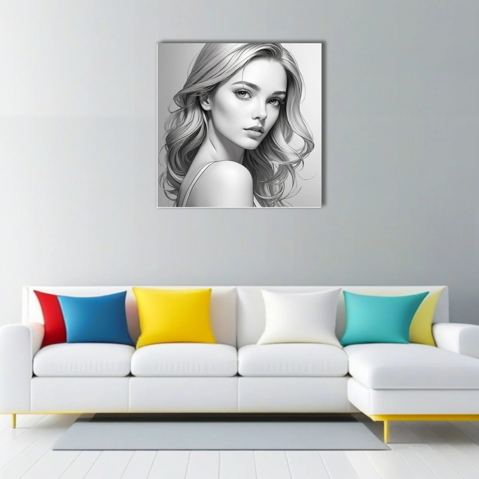 Realistic pencil-sketch-style portrait of a woman with long wavy hair, grayscale