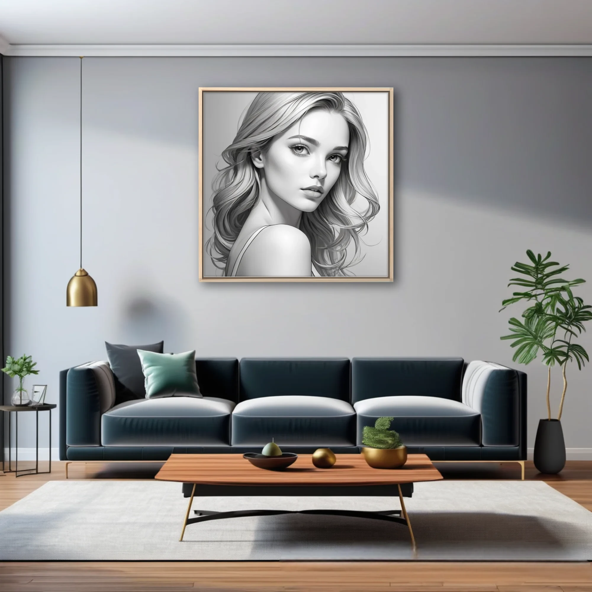 Realistic pencil-sketch-style portrait of a woman with long wavy hair, grayscale