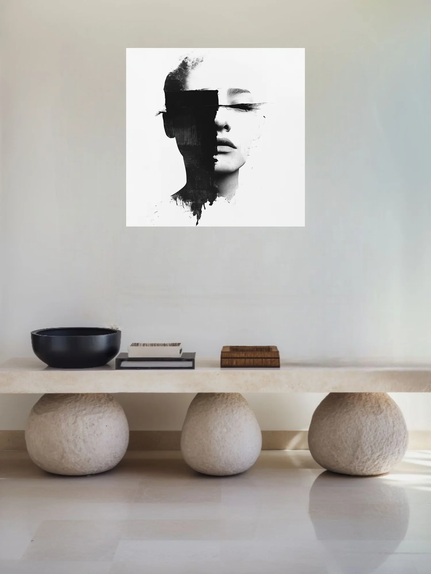 Monochrome abstract portrait with black strokes obscuring the eyes, minimalist graphic style