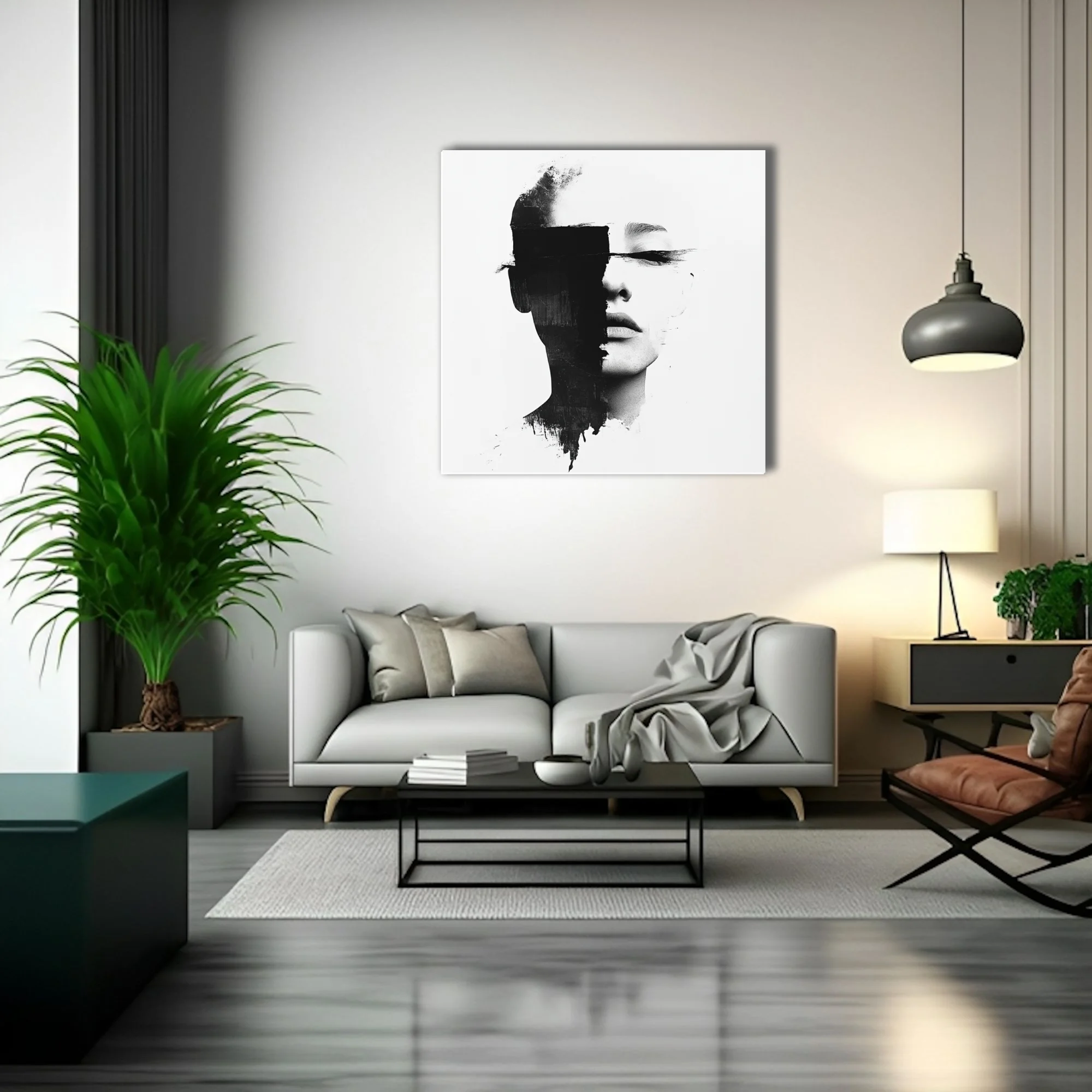 Monochrome abstract portrait with black strokes obscuring the eyes, minimalist graphic style