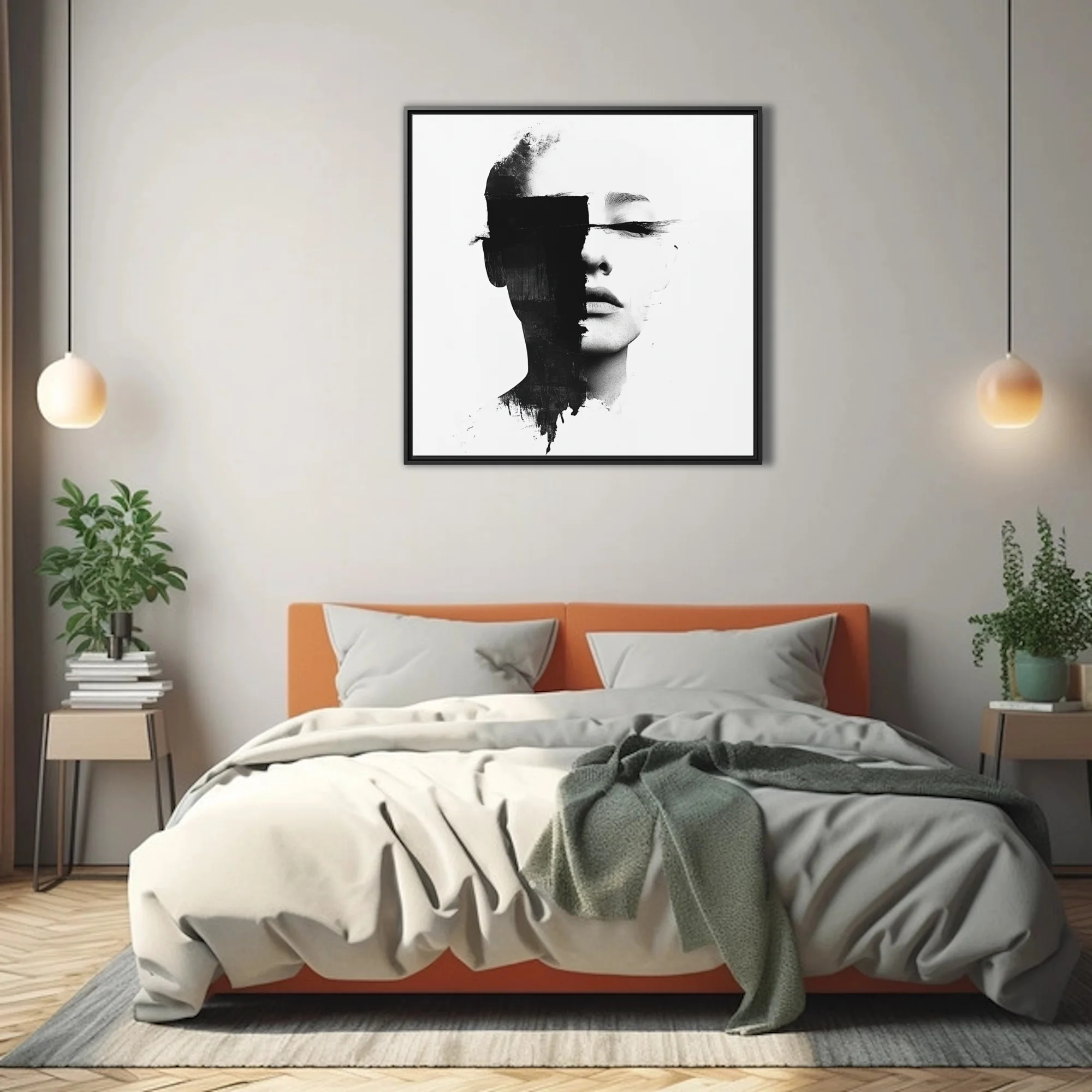Monochrome abstract portrait with black strokes obscuring the eyes, minimalist graphic style