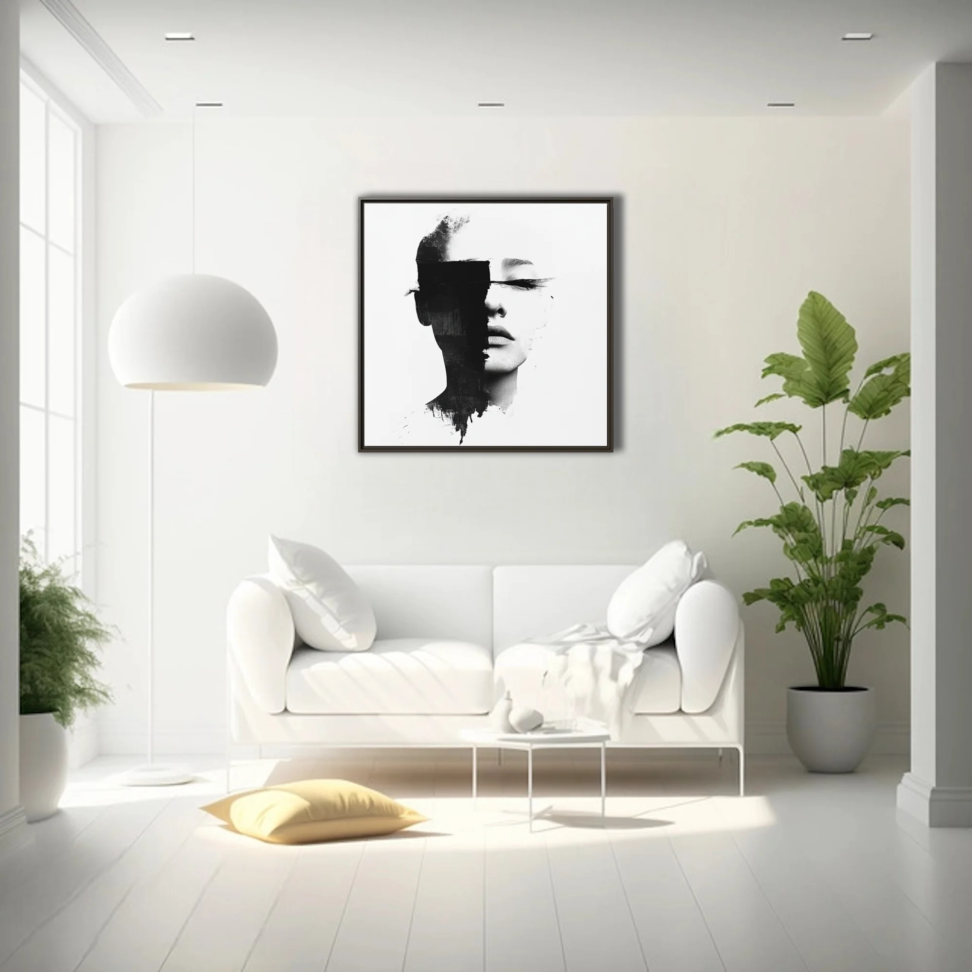 Monochrome abstract portrait with black strokes obscuring the eyes, minimalist graphic style