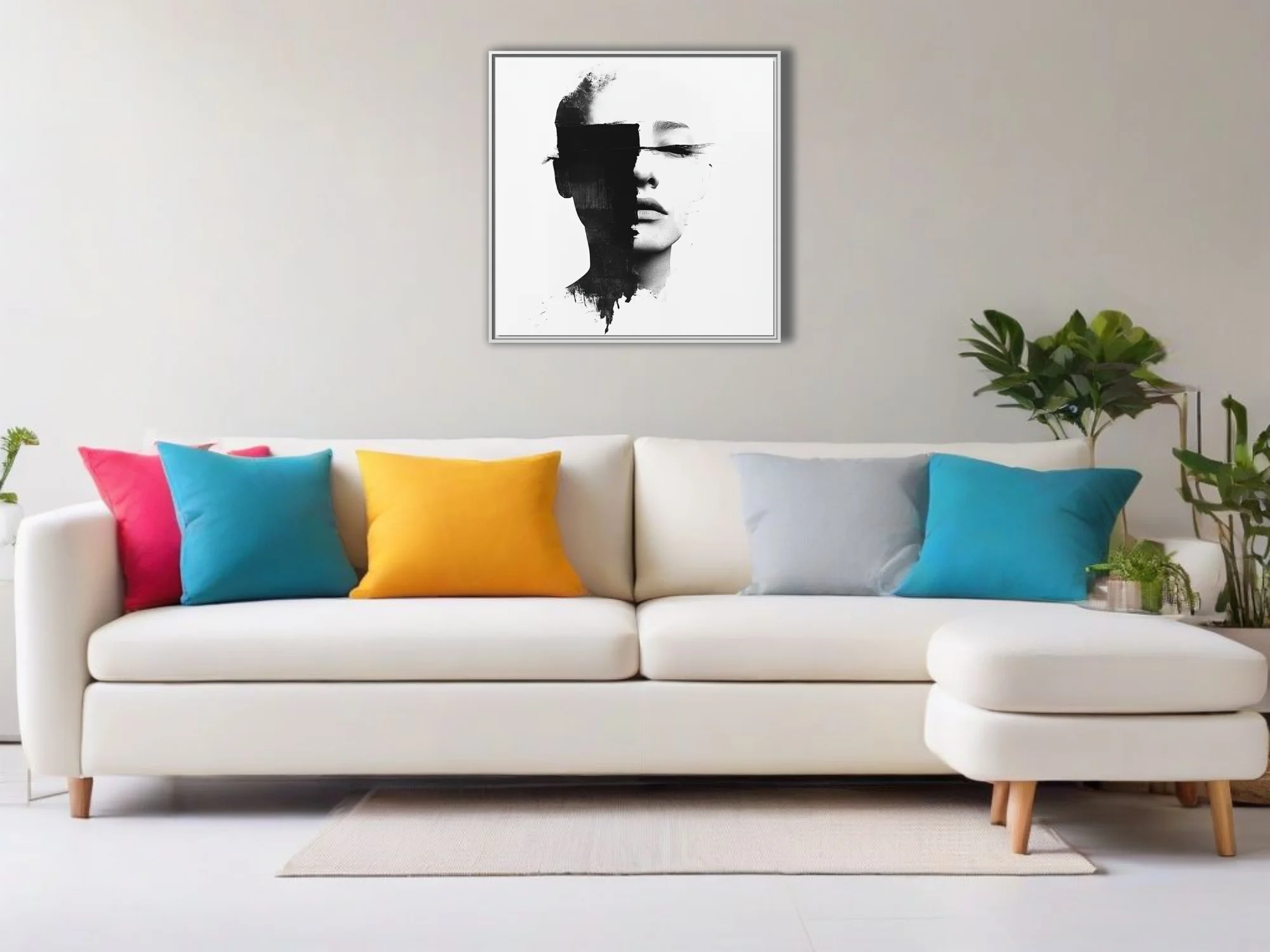 Monochrome abstract portrait with black strokes obscuring the eyes, minimalist graphic style