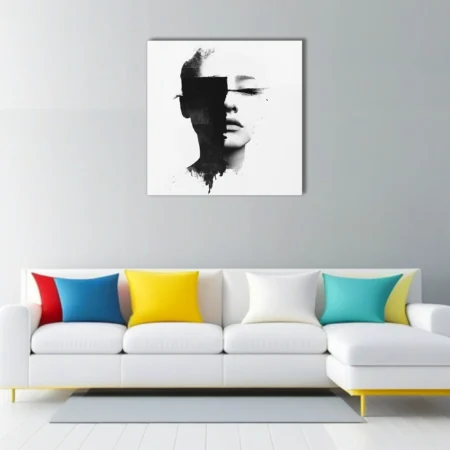 Monochrome abstract portrait with black strokes obscuring the eyes, minimalist graphic style