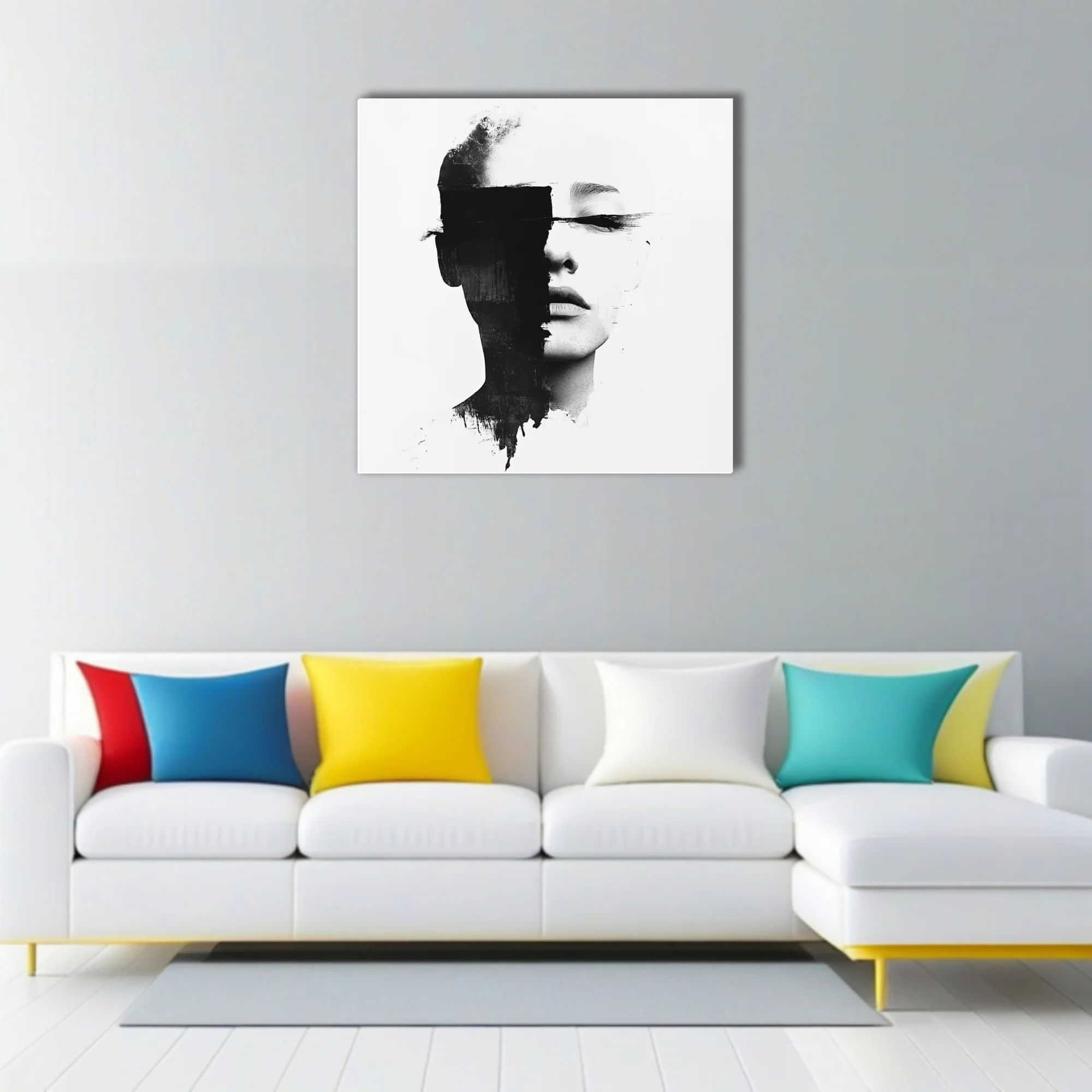 Monochrome abstract portrait with black strokes obscuring the eyes, minimalist graphic style