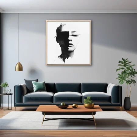 Monochrome abstract portrait with black strokes obscuring the eyes, minimalist graphic style