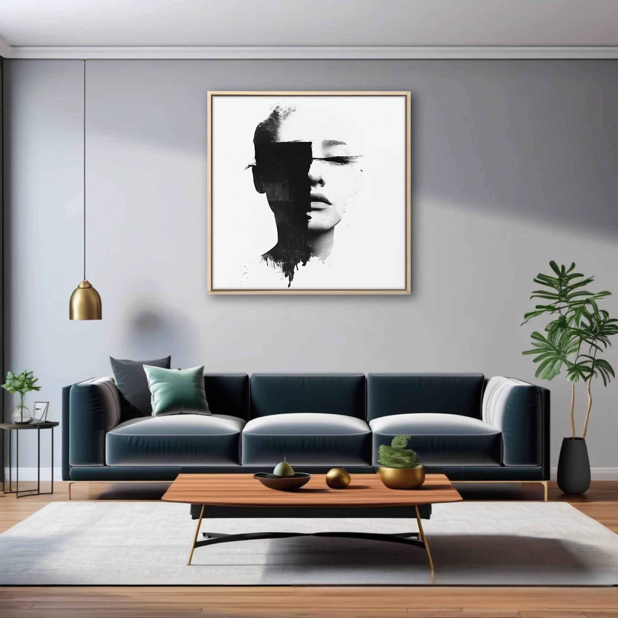 Monochrome abstract portrait with black strokes obscuring the eyes, minimalist graphic style