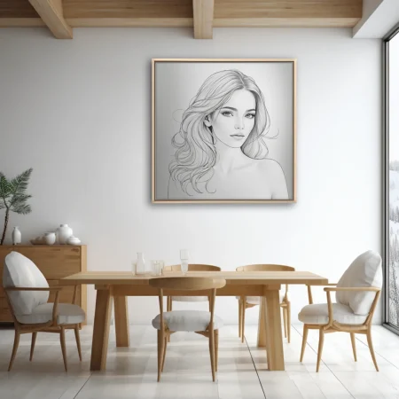 Pencil-sketch-style line art portrait of a woman with flowing hair, minimal and elegant