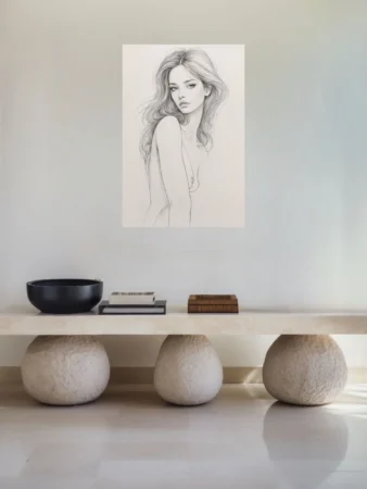 Pencil-style figurative nude study, delicate linework, flowing hair, soft graphite tones