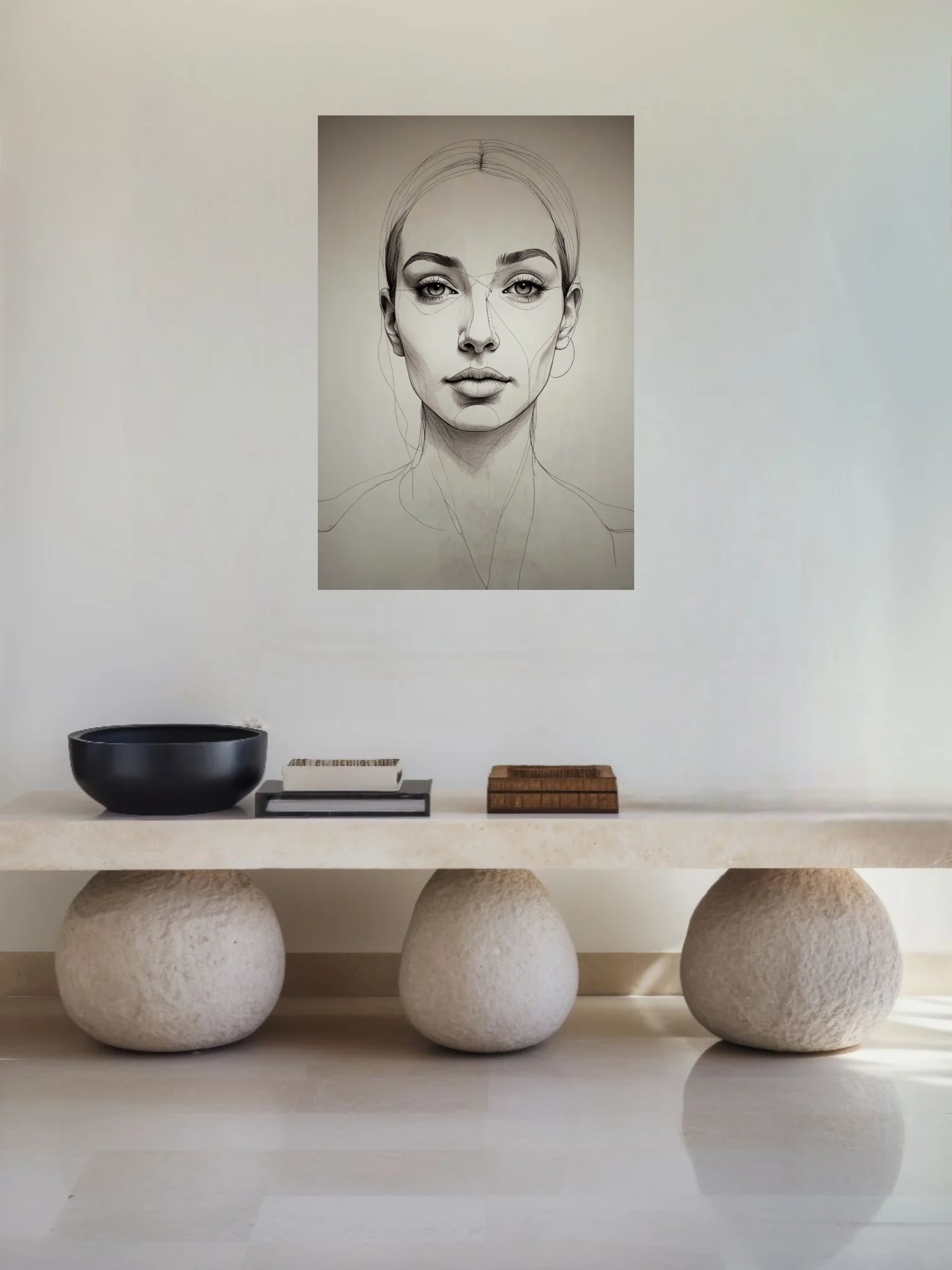 Pencil-style female portrait study with construction lines, fine detail, ivory tones
