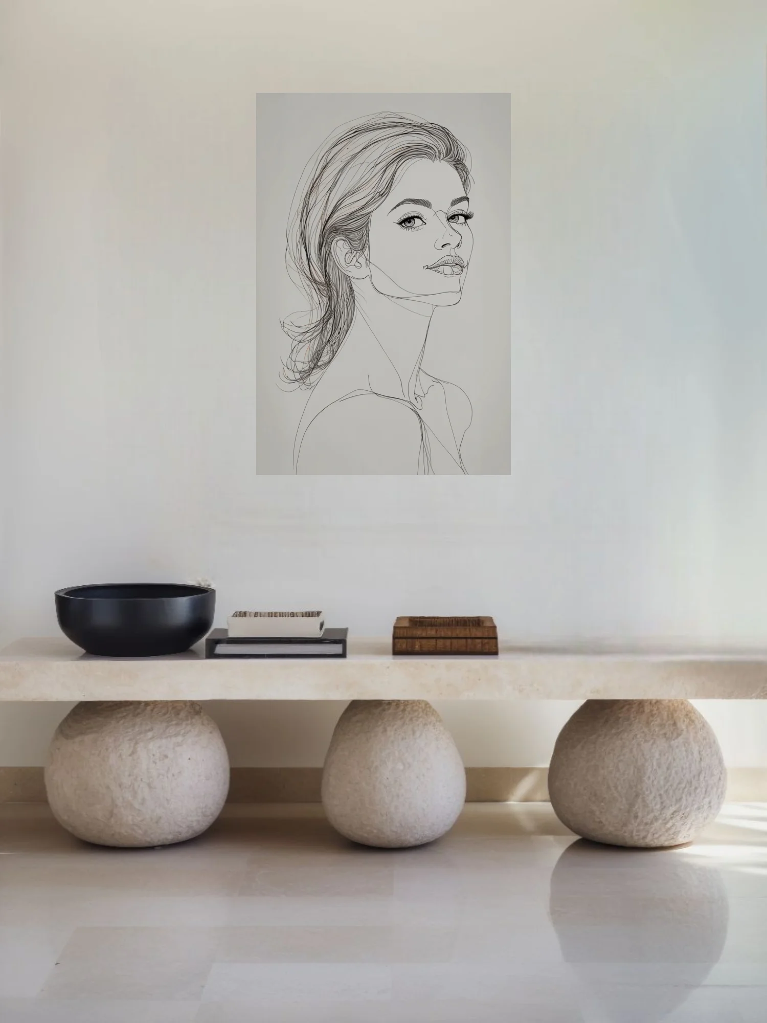 Minimalist ink-style female portrait line art, gestural strokes, white ground