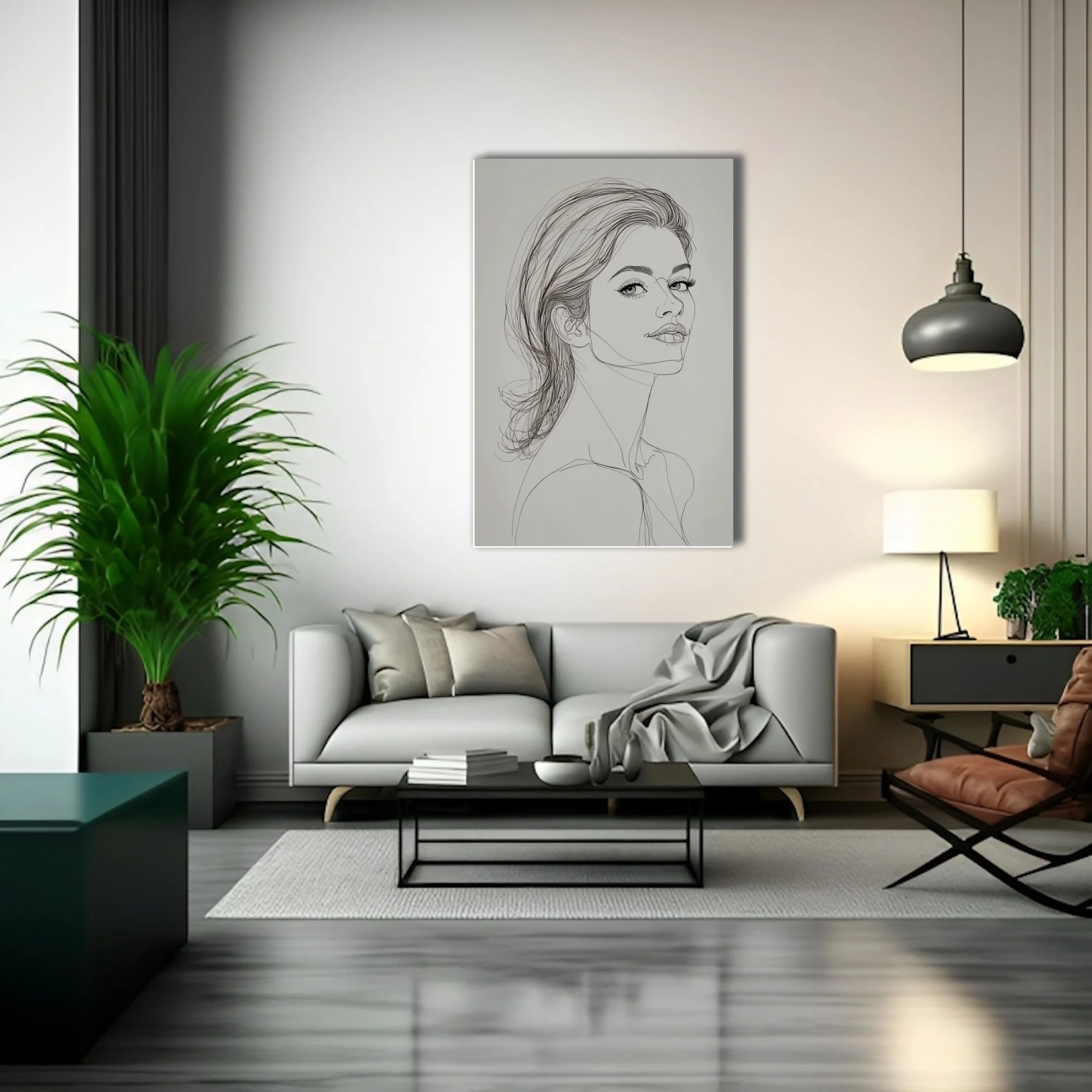 Minimalist ink-style female portrait line art, gestural strokes, white ground