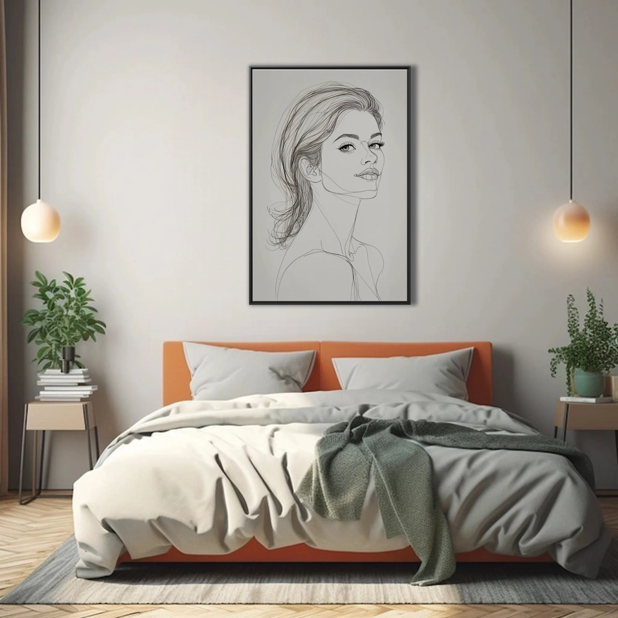 Minimalist ink-style female portrait line art, gestural strokes, white ground