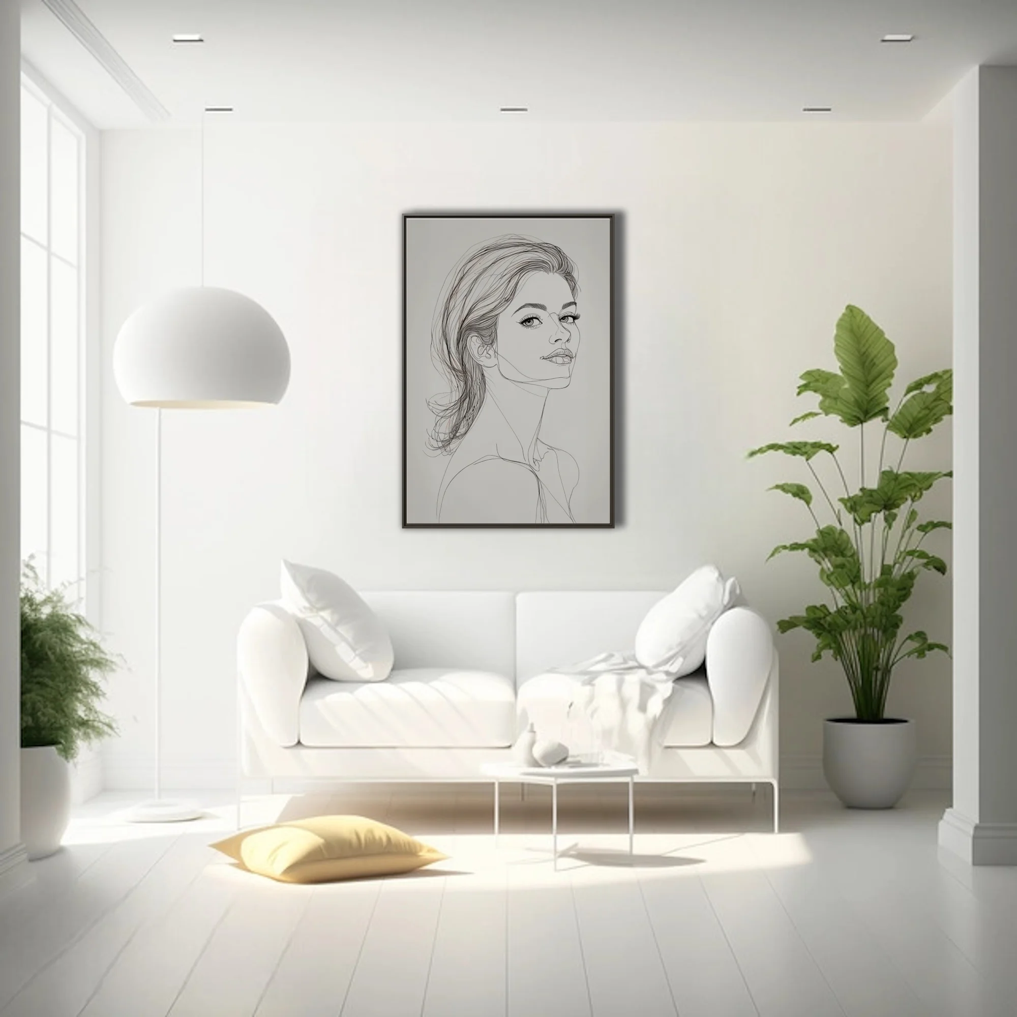 Minimalist ink-style female portrait line art, gestural strokes, white ground