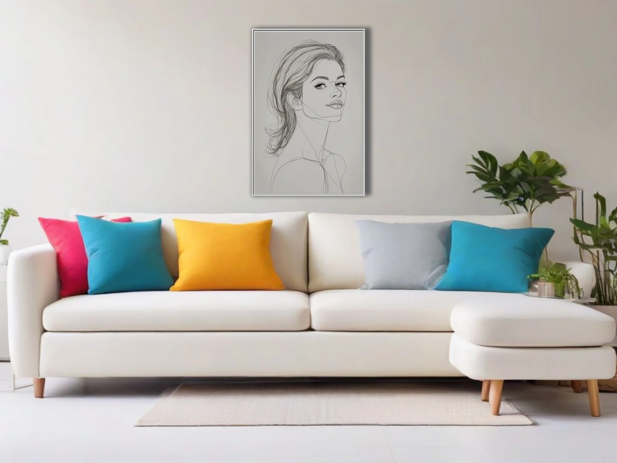 Minimalist ink-style female portrait line art, gestural strokes, white ground