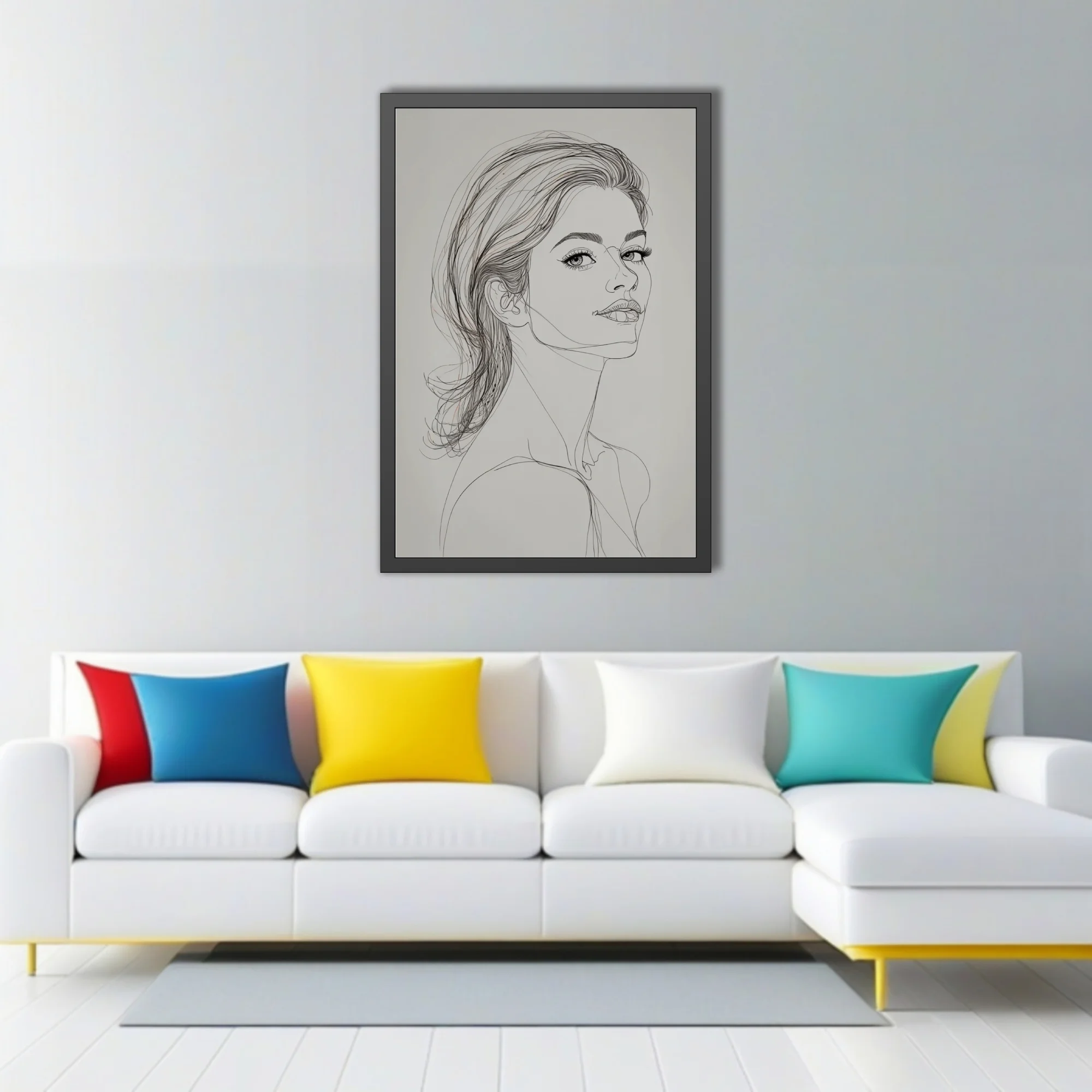 Minimalist ink-style female portrait line art, gestural strokes, white ground