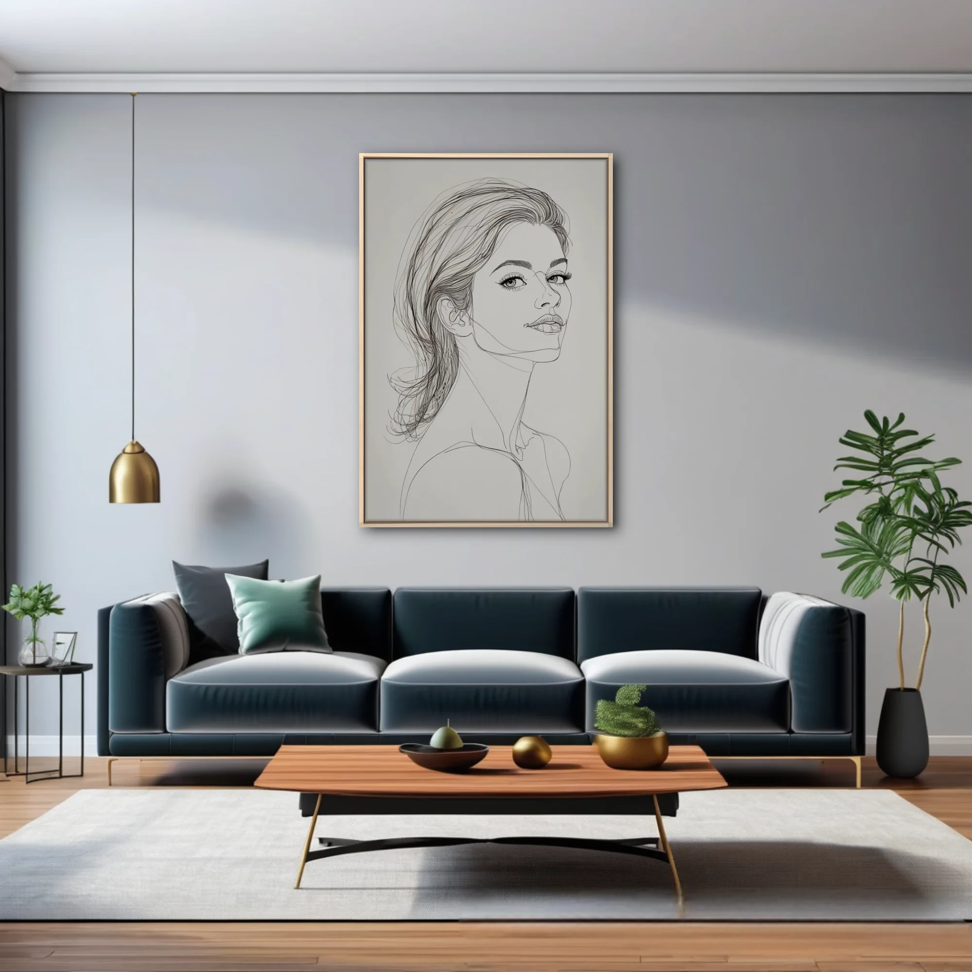 Minimalist ink-style female portrait line art, gestural strokes, white ground