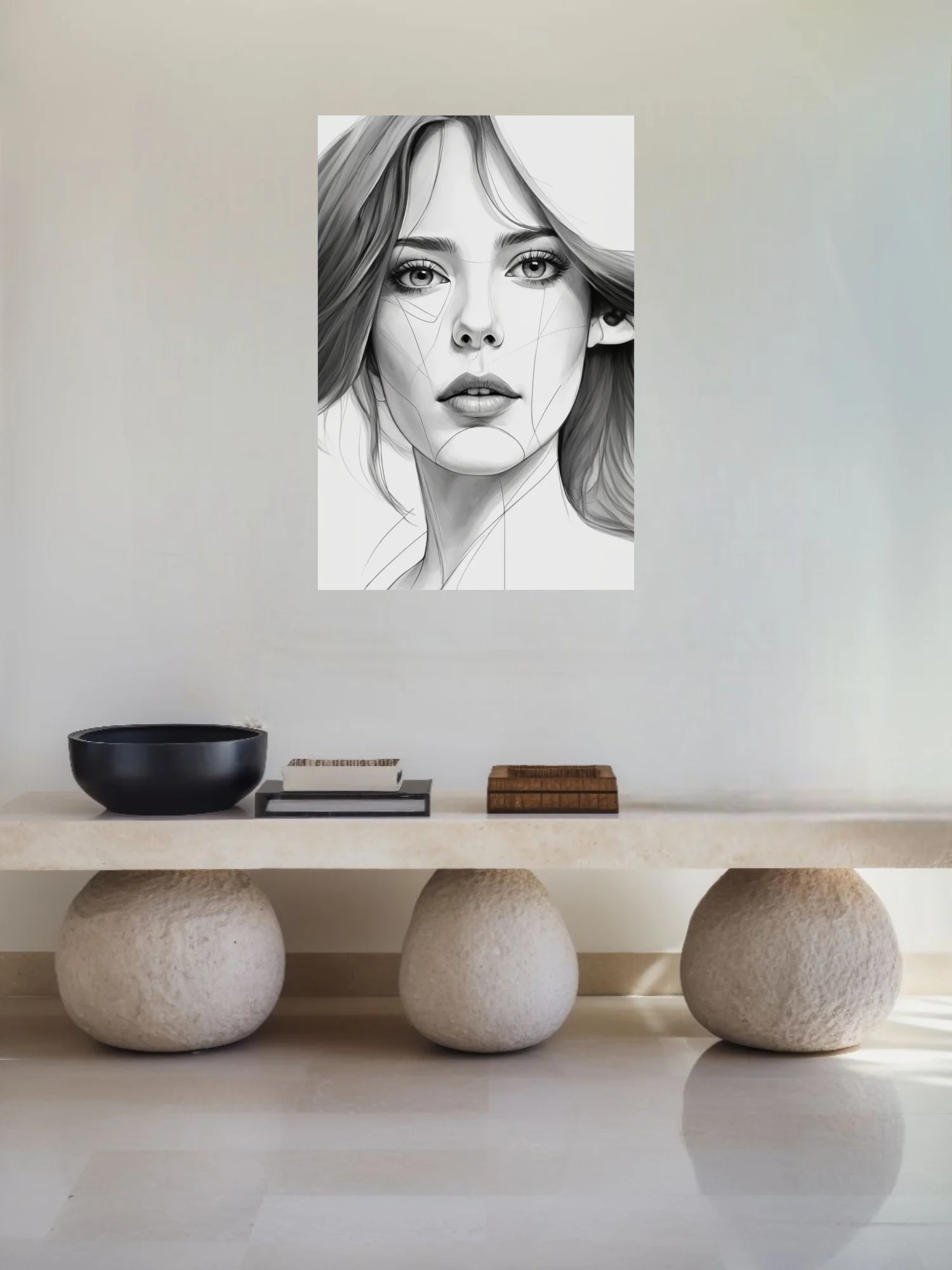 Minimalist pencil-sketch-style portrait of a woman, fine linework, monochrome