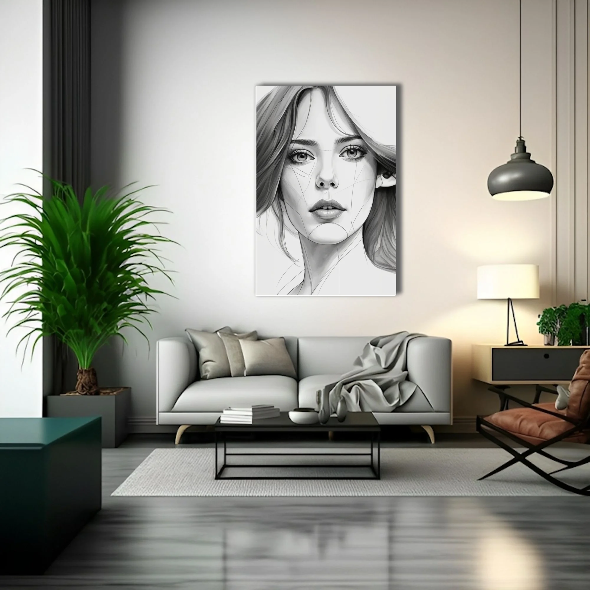 Minimalist pencil-sketch-style portrait of a woman, fine linework, monochrome