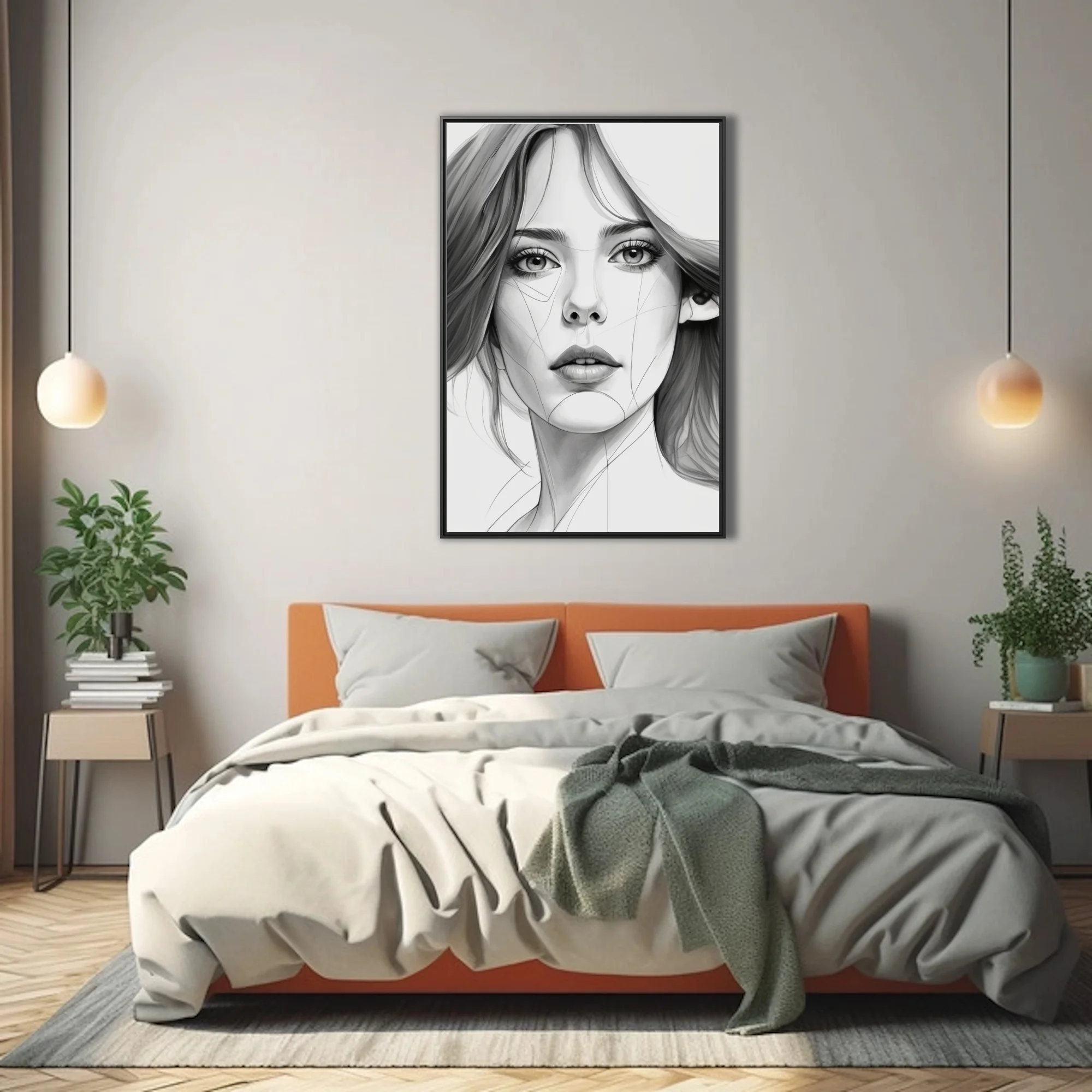 Minimalist pencil-sketch-style portrait of a woman, fine linework, monochrome