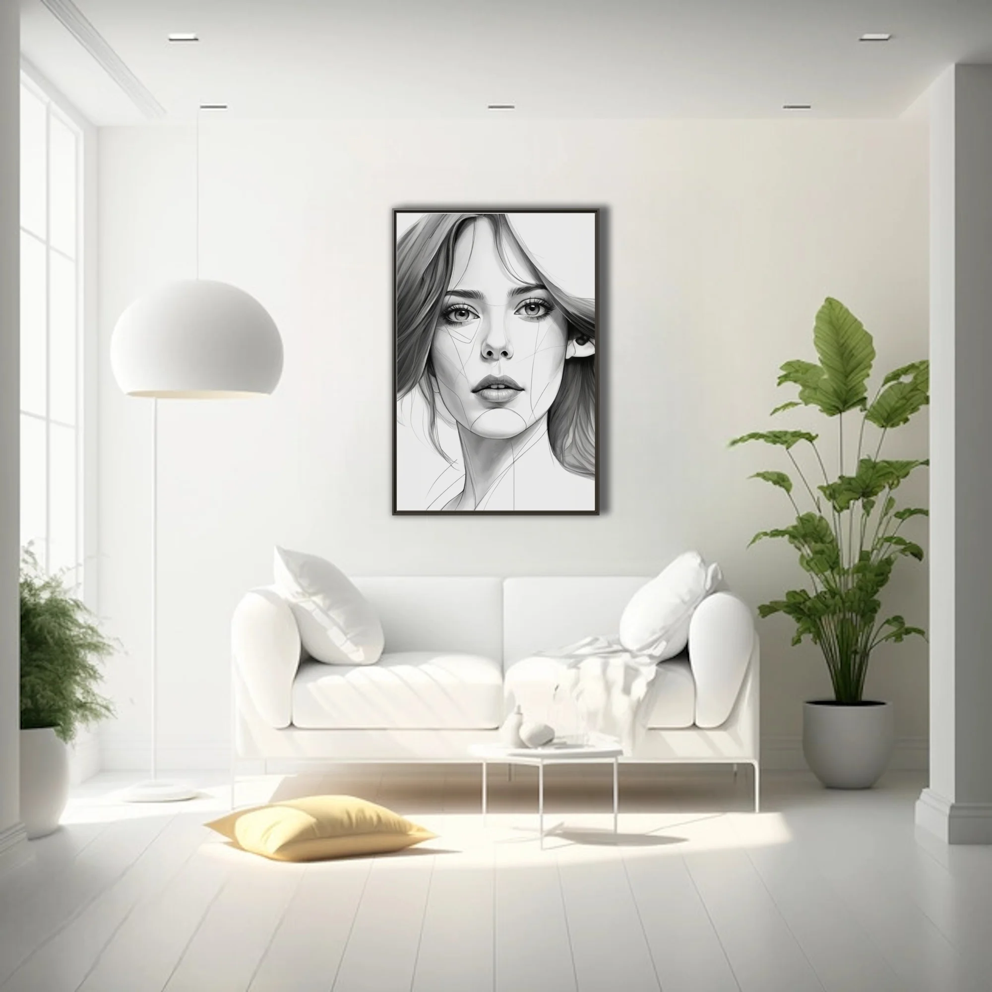 Minimalist pencil-sketch-style portrait of a woman, fine linework, monochrome