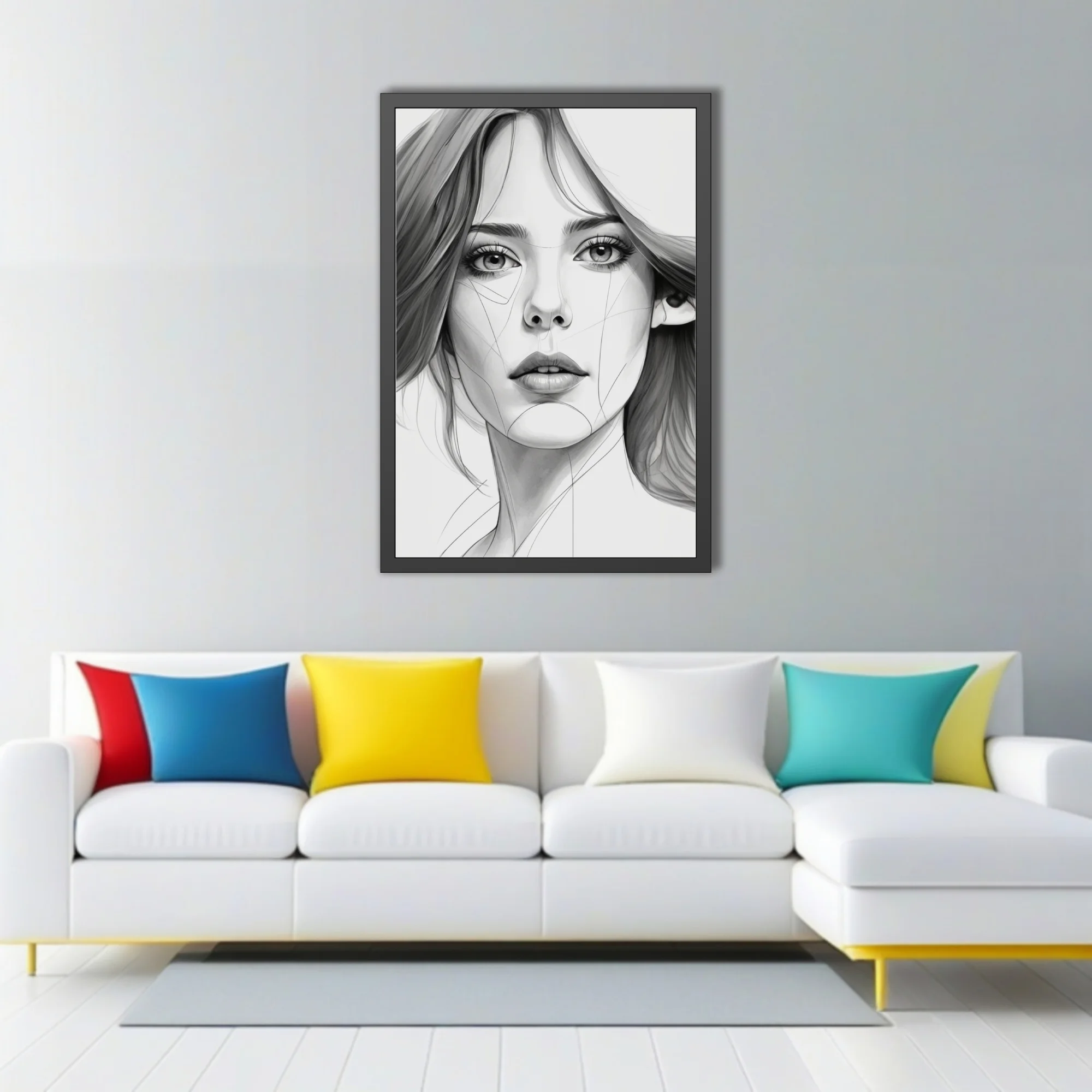 Minimalist pencil-sketch-style portrait of a woman, fine linework, monochrome