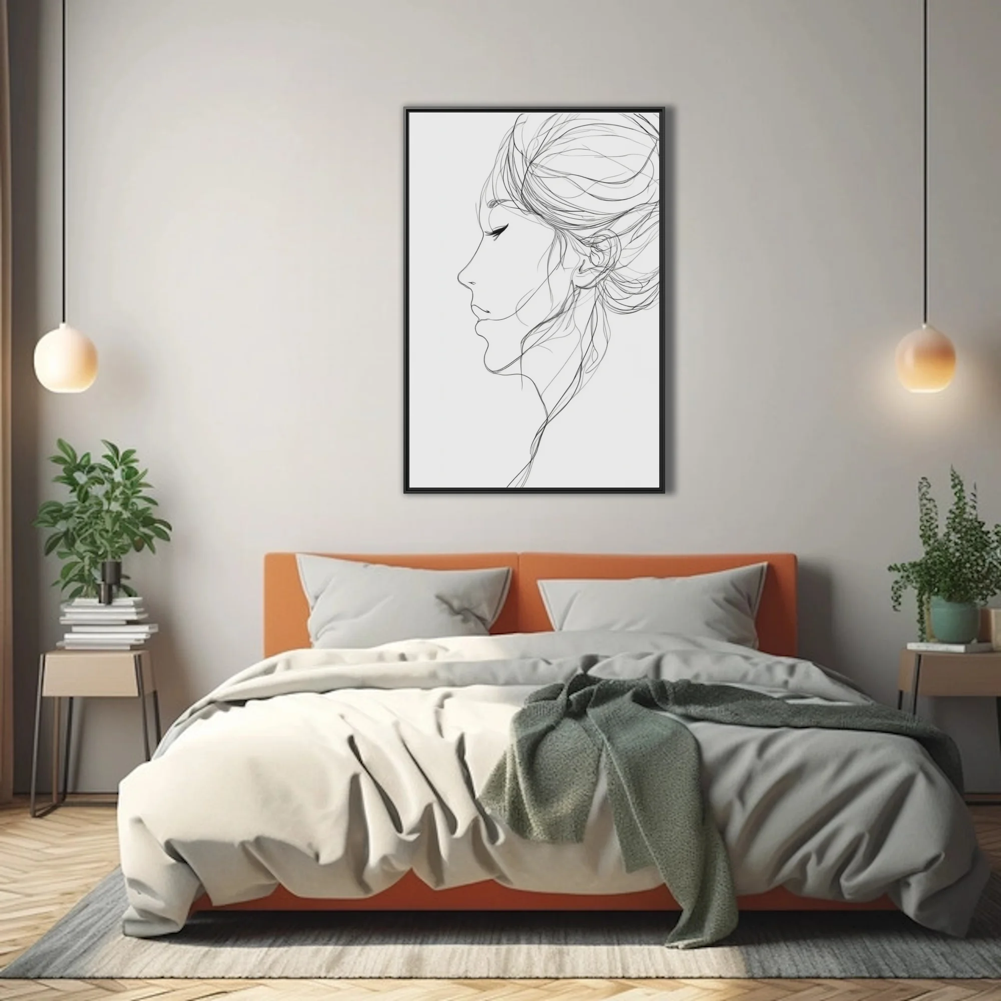 Minimalist line-art female profile portrait, ink-style, white background, flowing hair