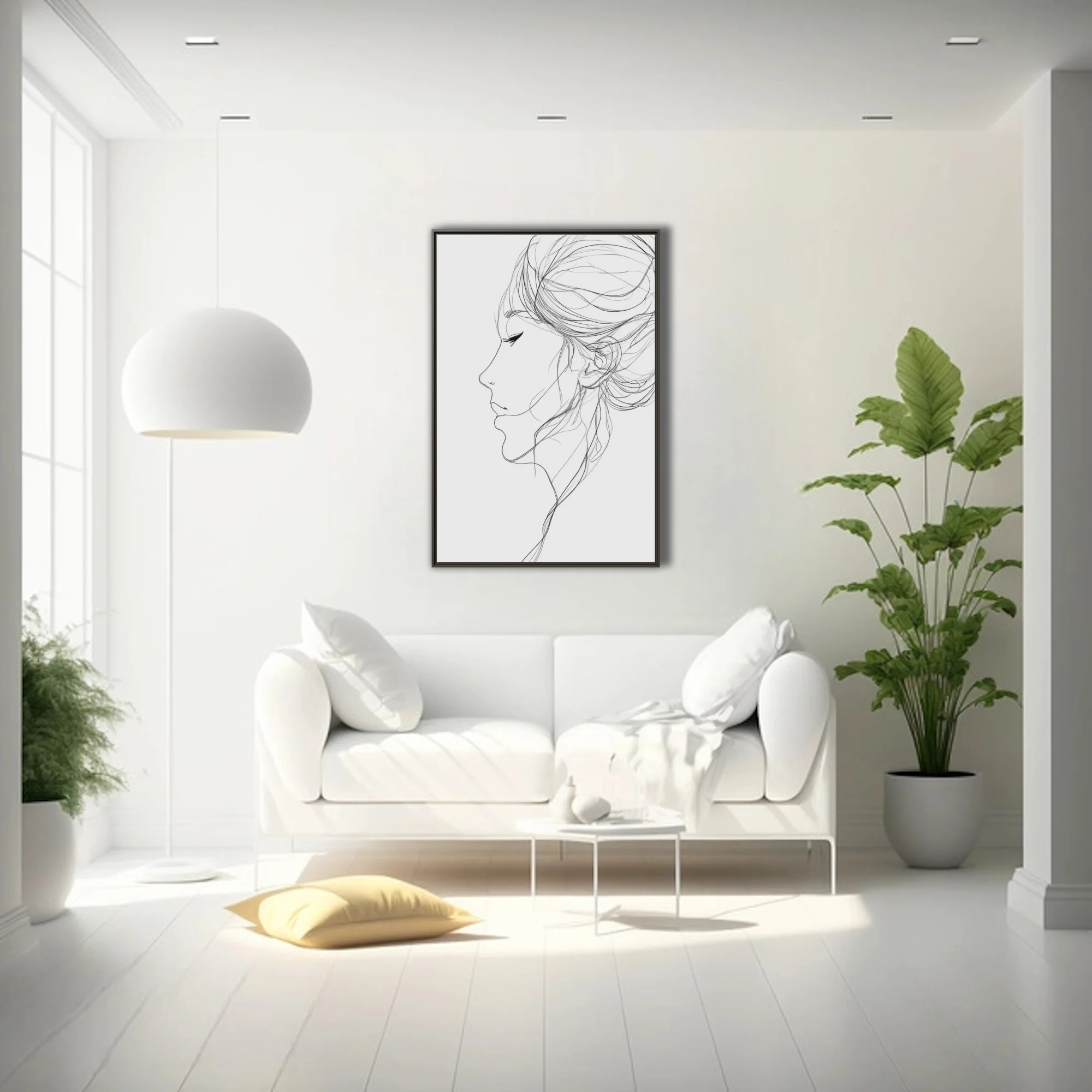 Minimalist line-art female profile portrait, ink-style, white background, flowing hair