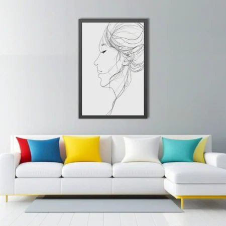 Minimalist line-art female profile portrait, ink-style, white background, flowing hair