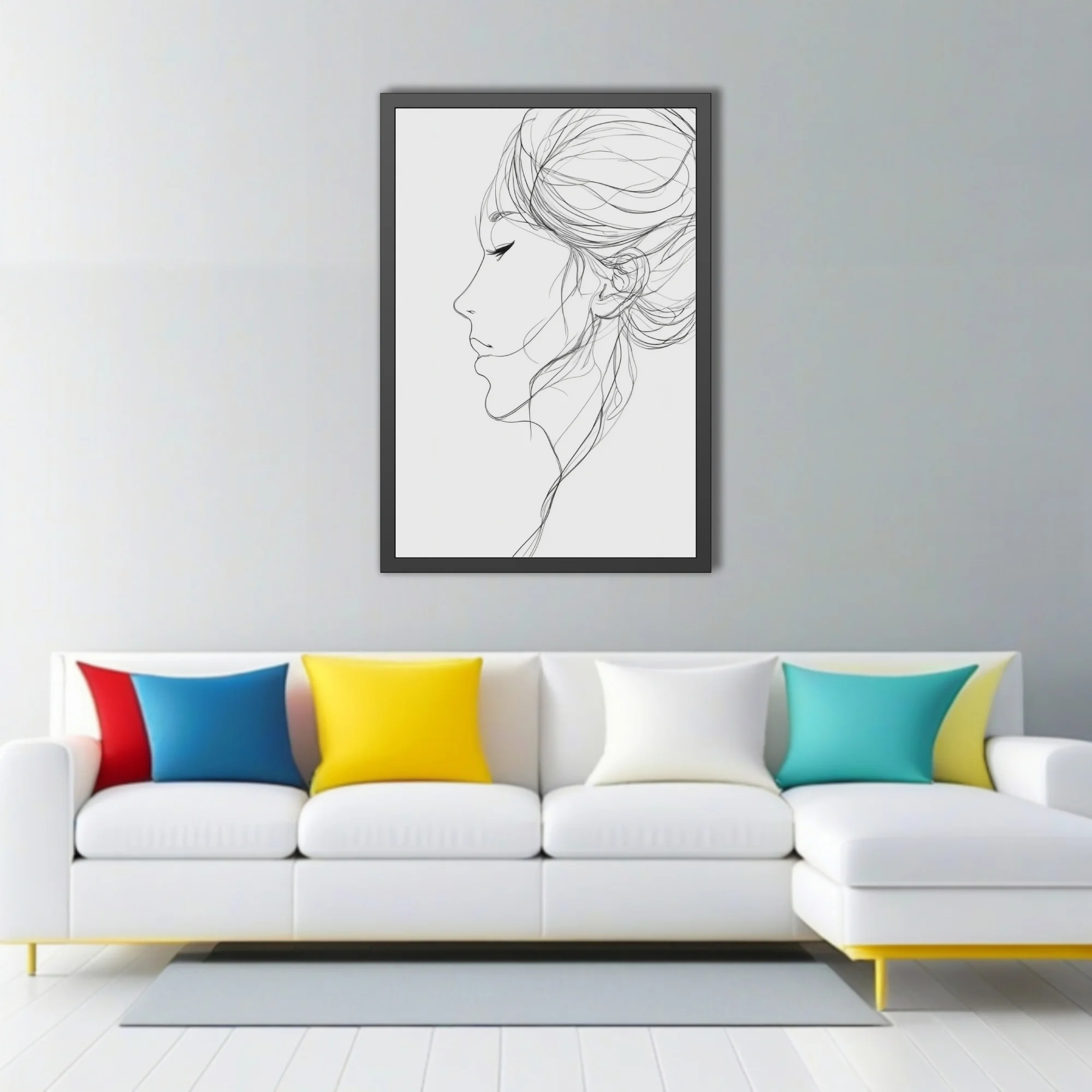 Minimalist line-art female profile portrait, ink-style, white background, flowing hair