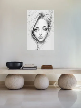 Ink-style line art portrait of a woman with flowing hair, monochrome sketch aesthetic