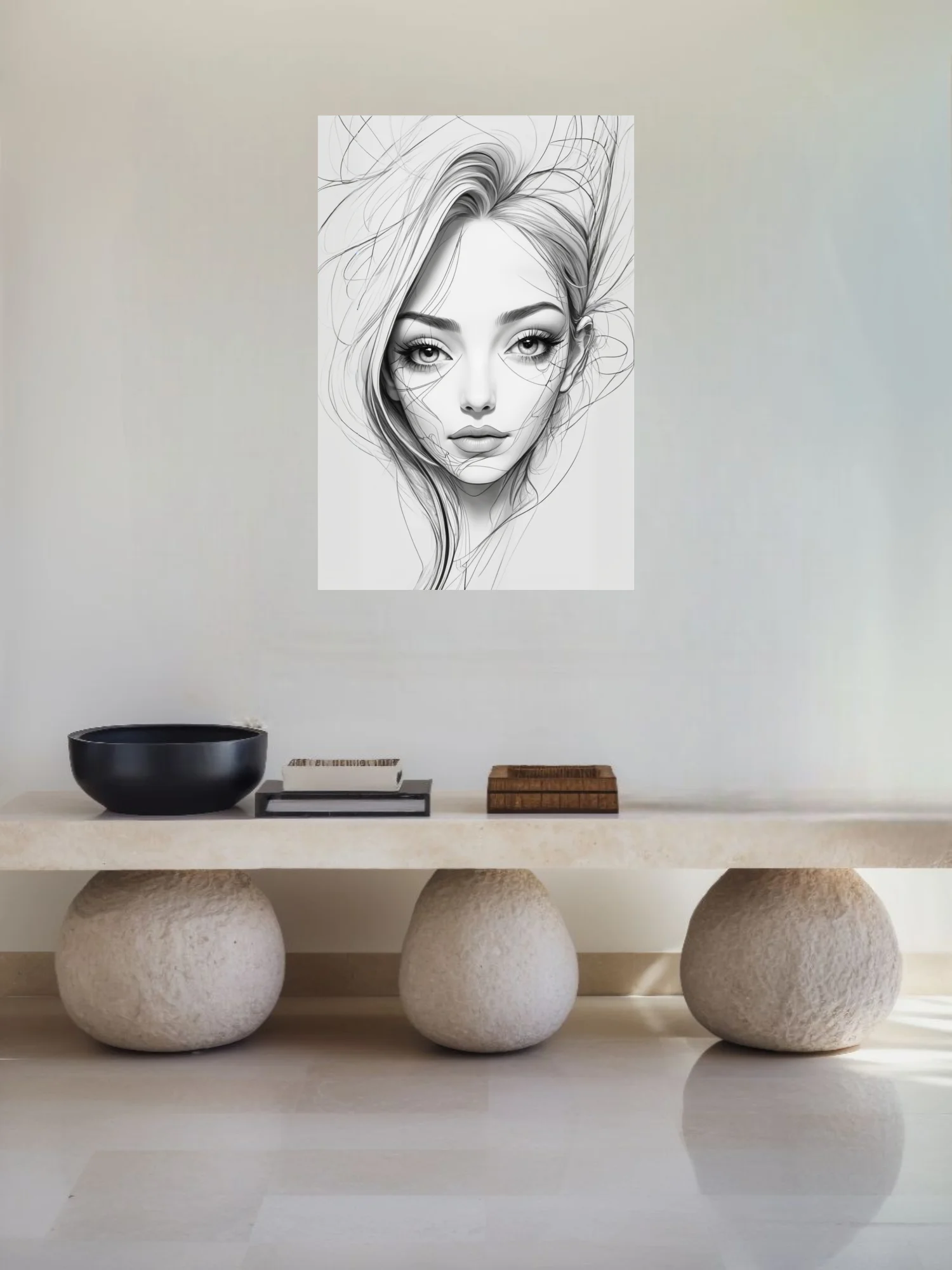 Ink-style line art portrait of a woman with flowing hair, monochrome sketch aesthetic